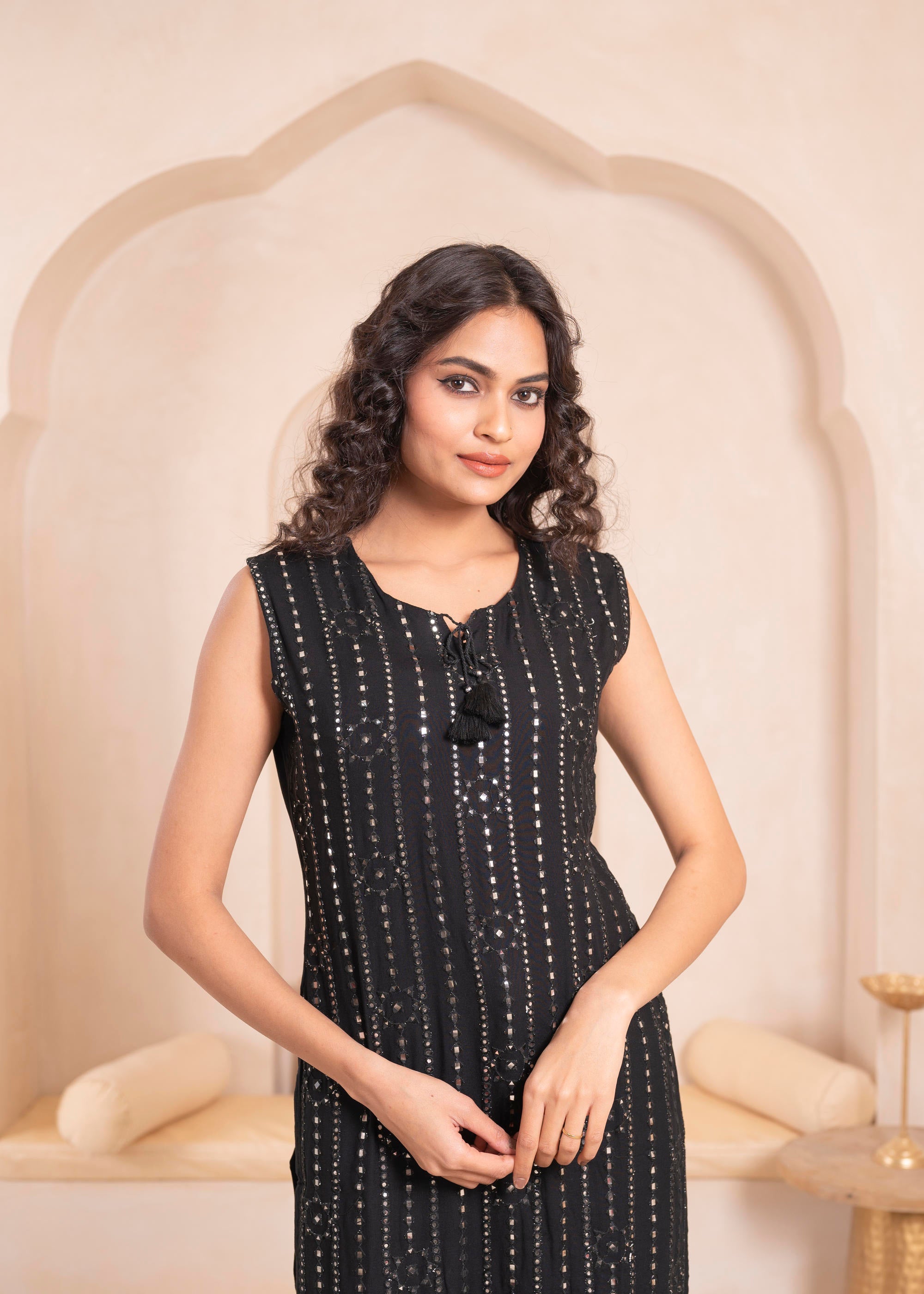 Black Geometric Embroidered Viscose Kurta with Mirror & Thread Work