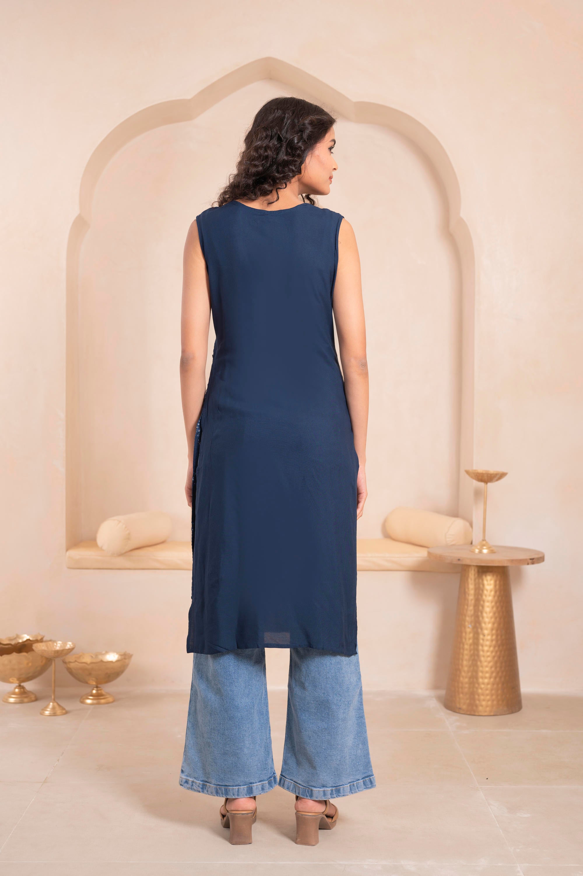 Navy Geometric Embroidered Viscose Kurta with Mirror Work and Tassels