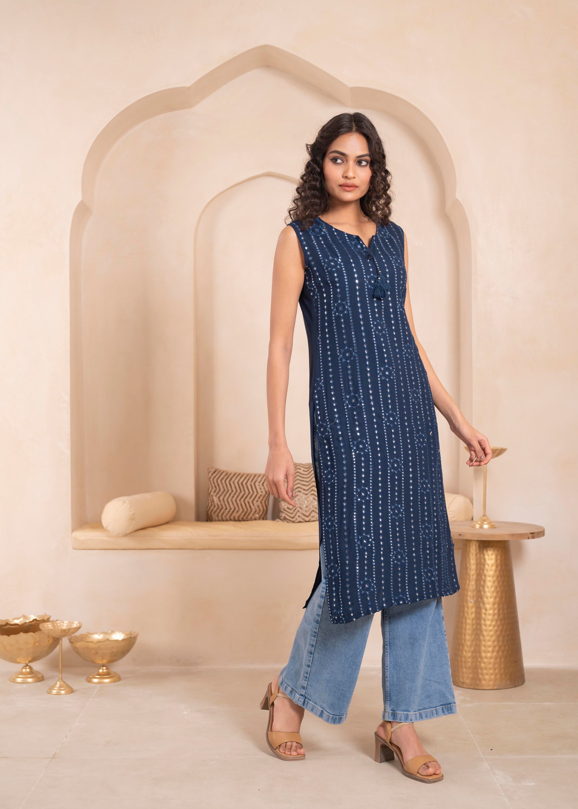 Navy Geometric Embroidered Viscose Kurta with Mirror Work and Tassels