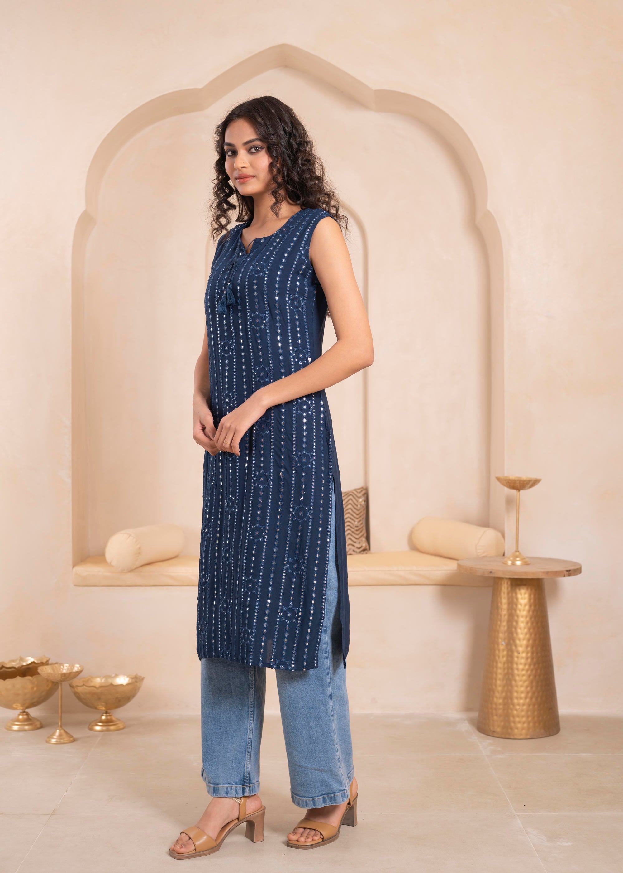 Navy Geometric Embroidered Viscose Kurta with Mirror Work and Tassels