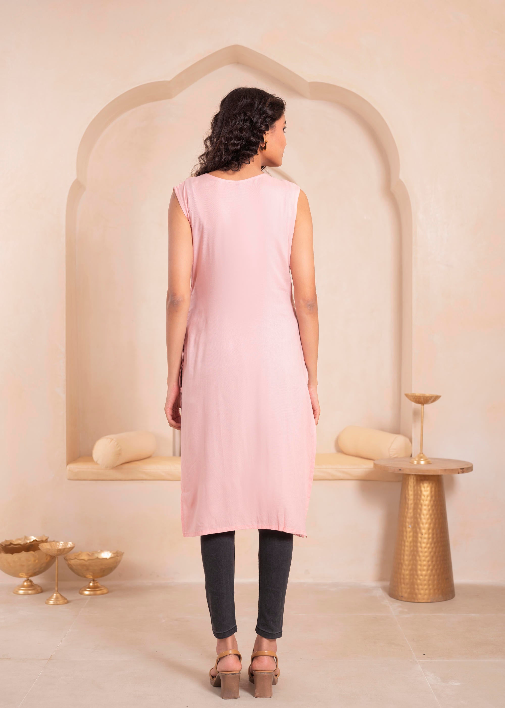 Pink Geometric Embroidered Viscose Kurta with Mirror Work and Tassels