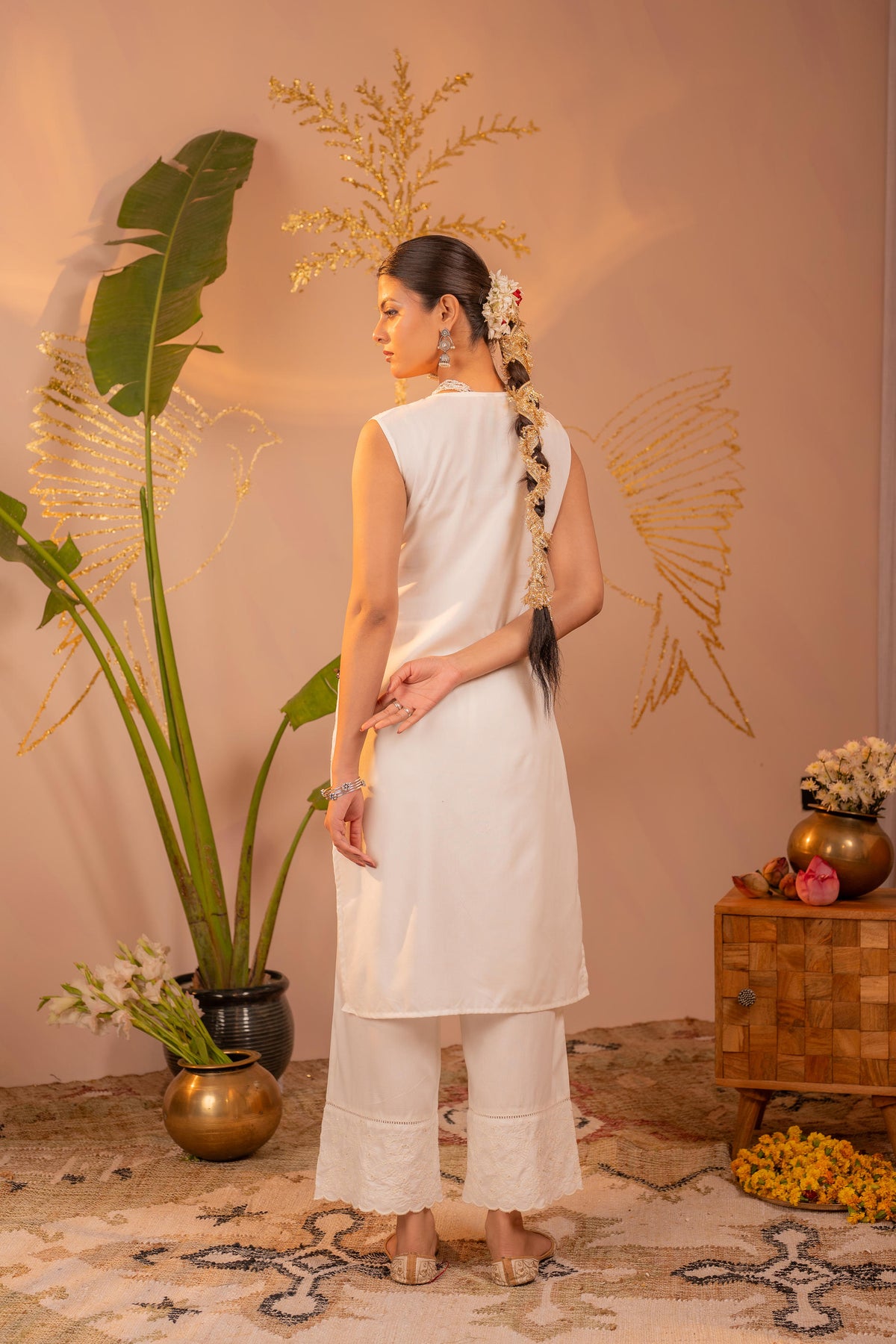 White Embroidered Viscose Straight Kurta Pant Set