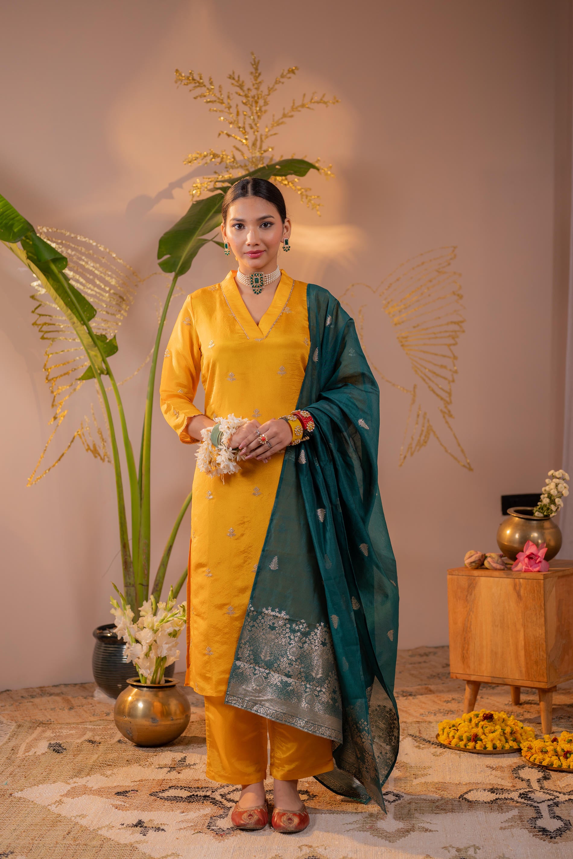 Mustard Kurta Set with Forest Green Gold Buti Dupatta