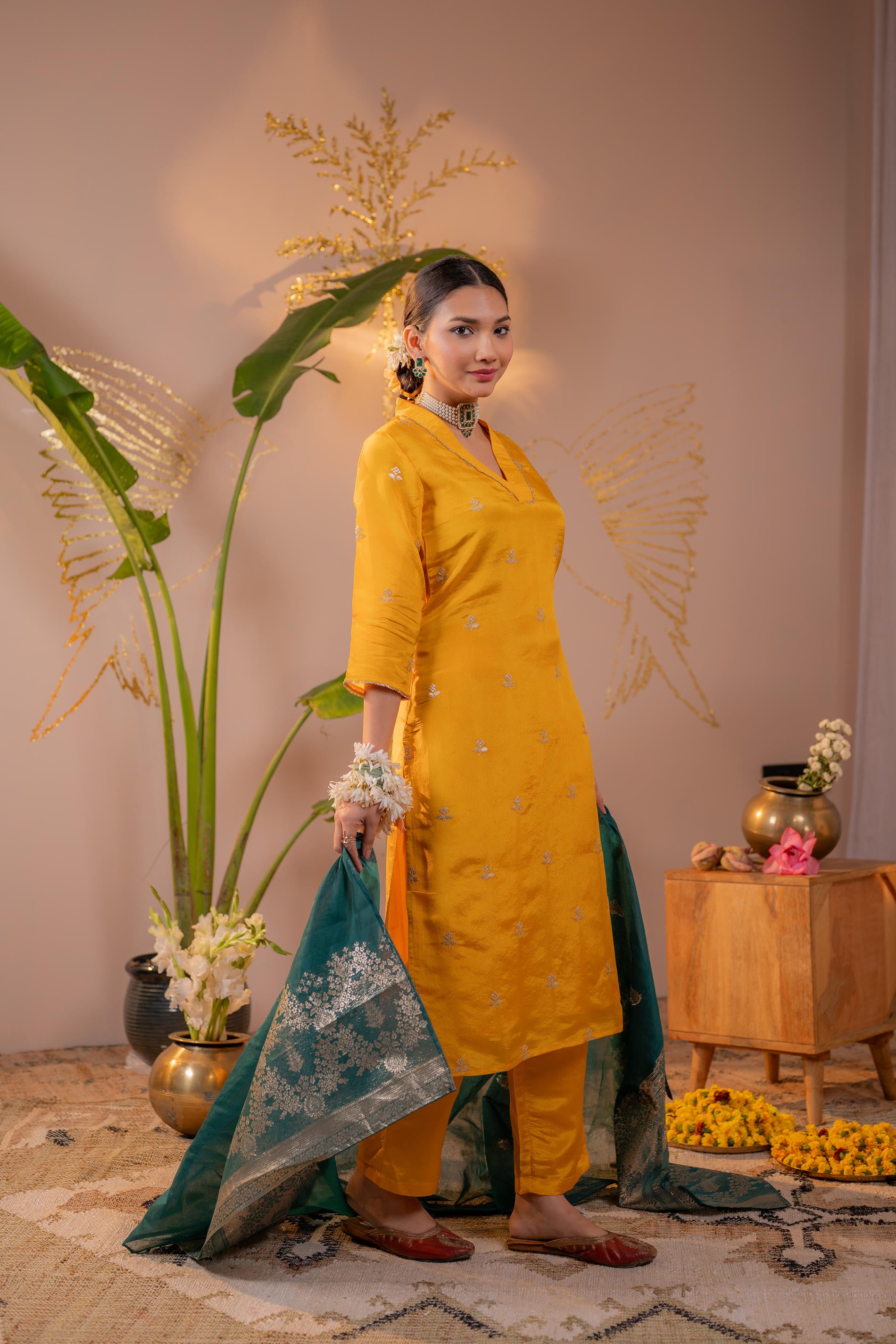 Mustard Kurta Set with Forest Green Gold Buti Dupatta