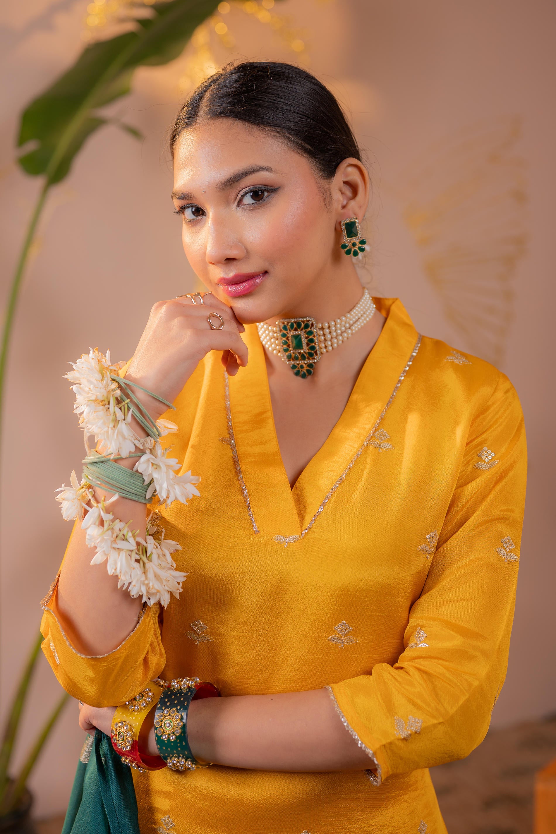 Mustard Kurta Set with Forest Green Gold Buti Dupatta