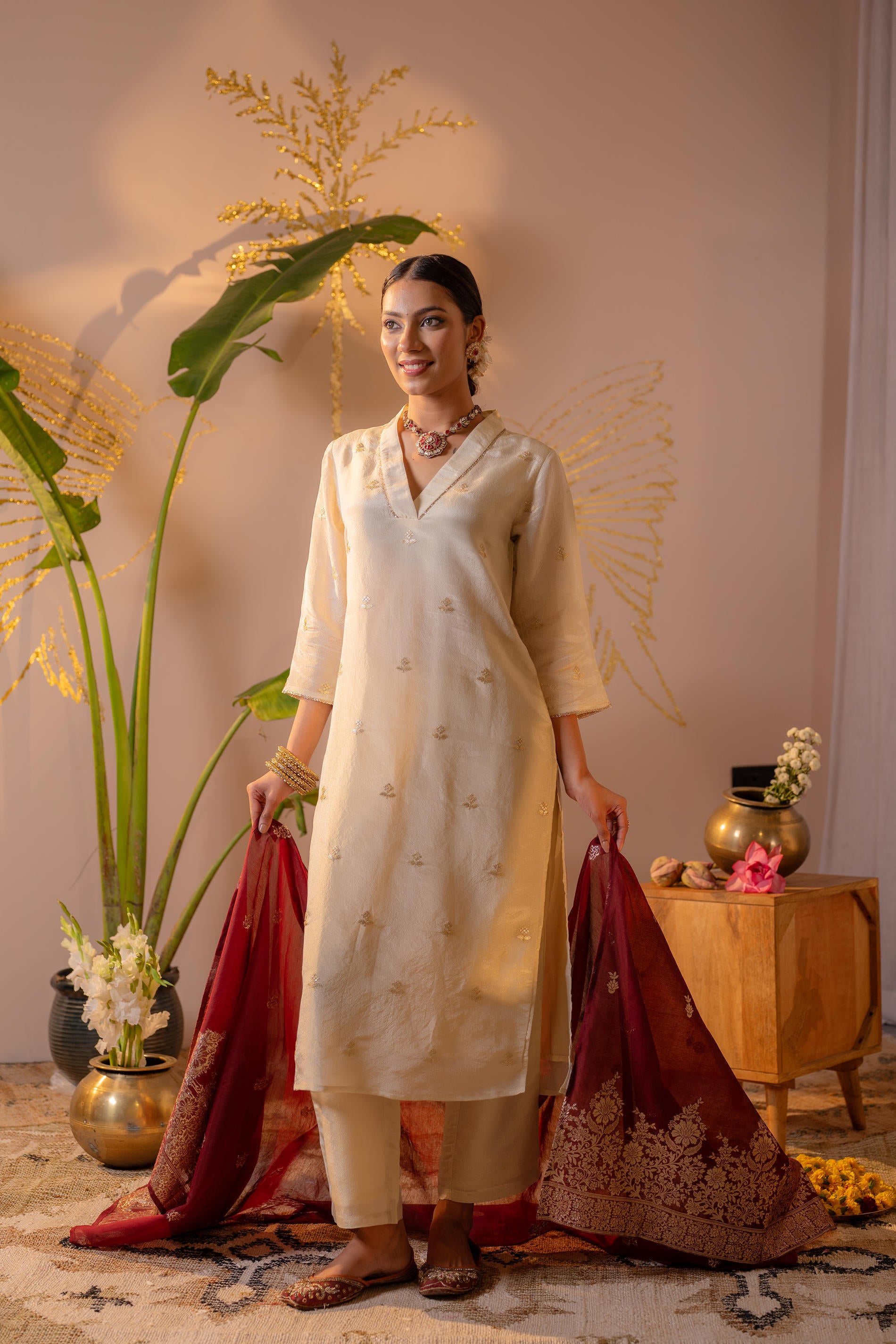 Off-White Kurta Set with Maroon Gold Buti Dupatta