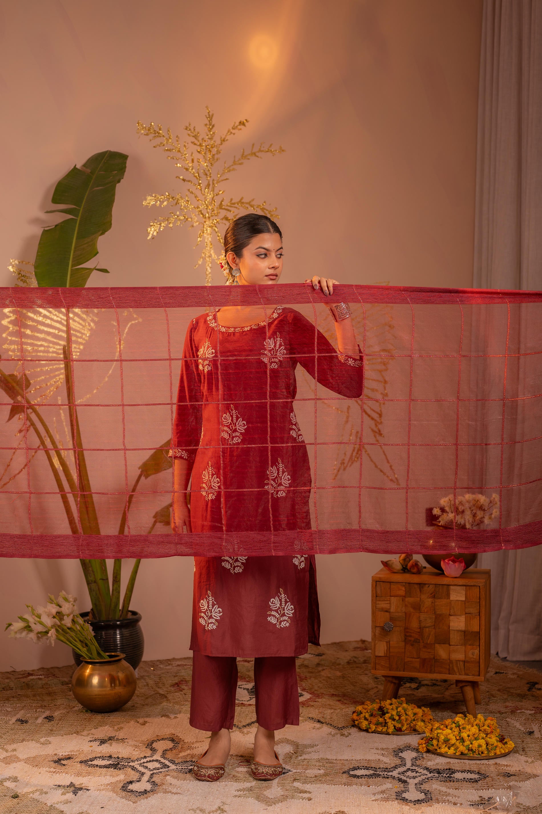 Rosegold Blossom -Pinted Kurta Pant And Dupatta Set