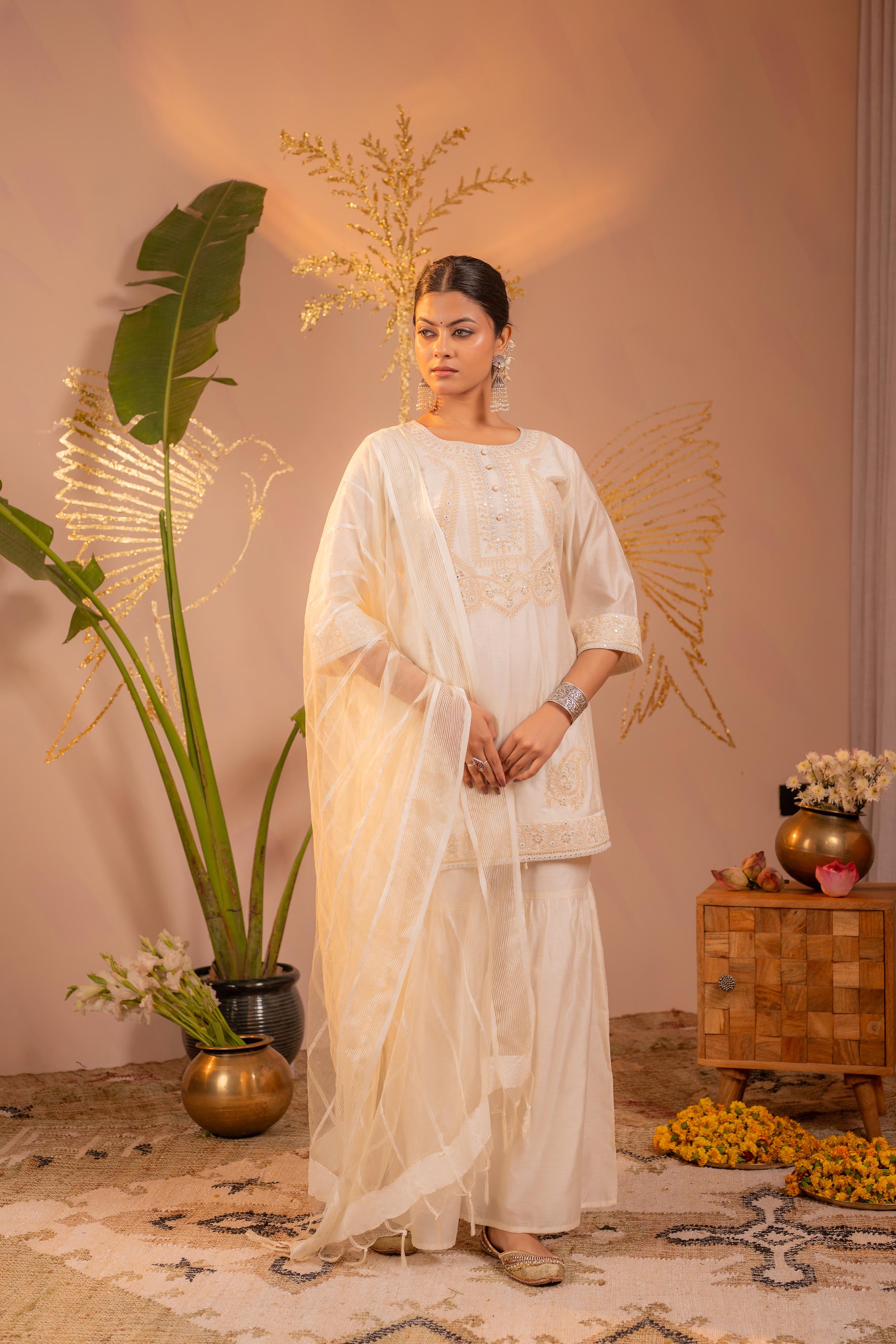 Off-White Embroidered Kurta Set with Dupatta