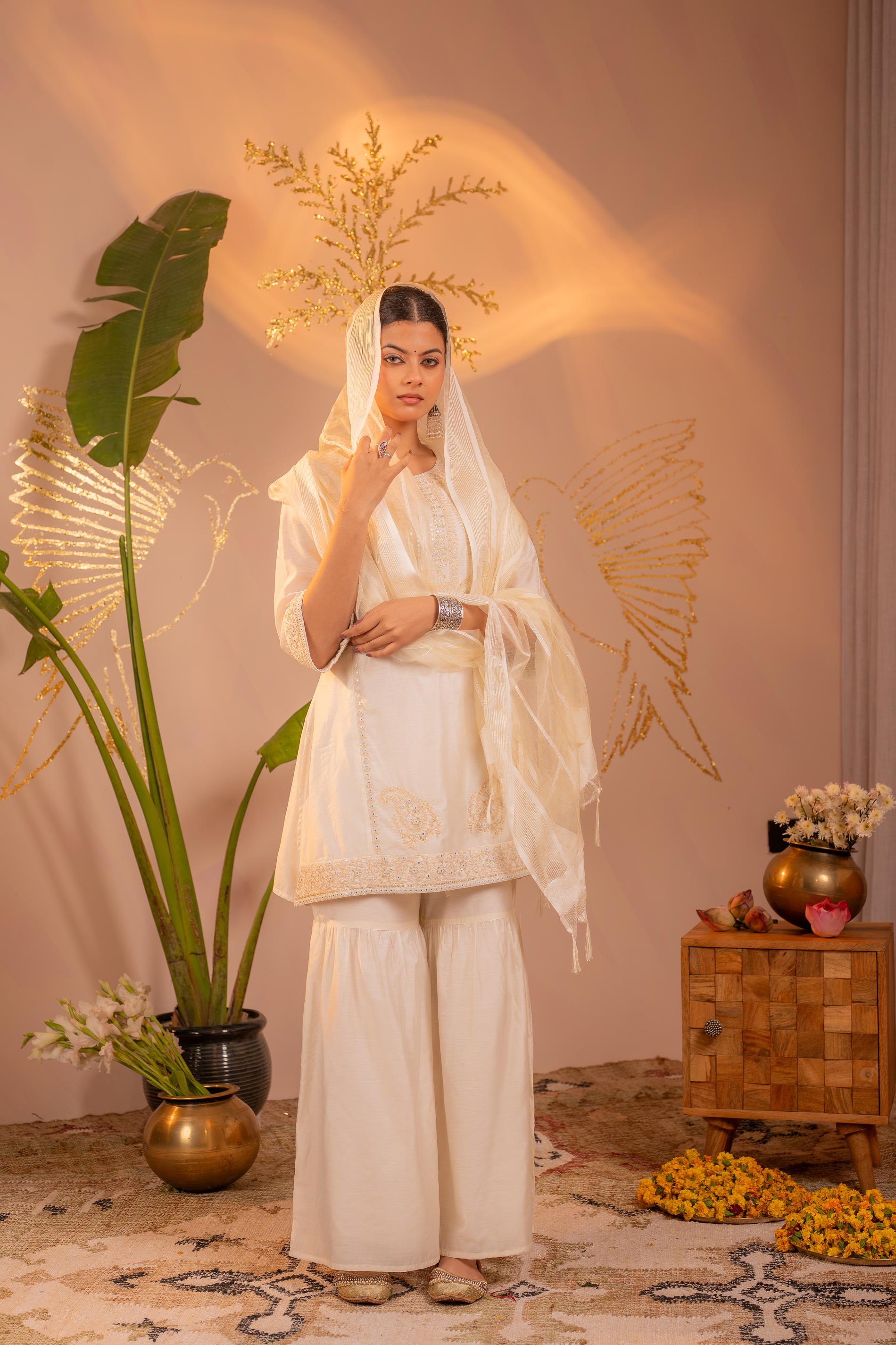 Off-White Embroidered Kurta Set with Dupatta