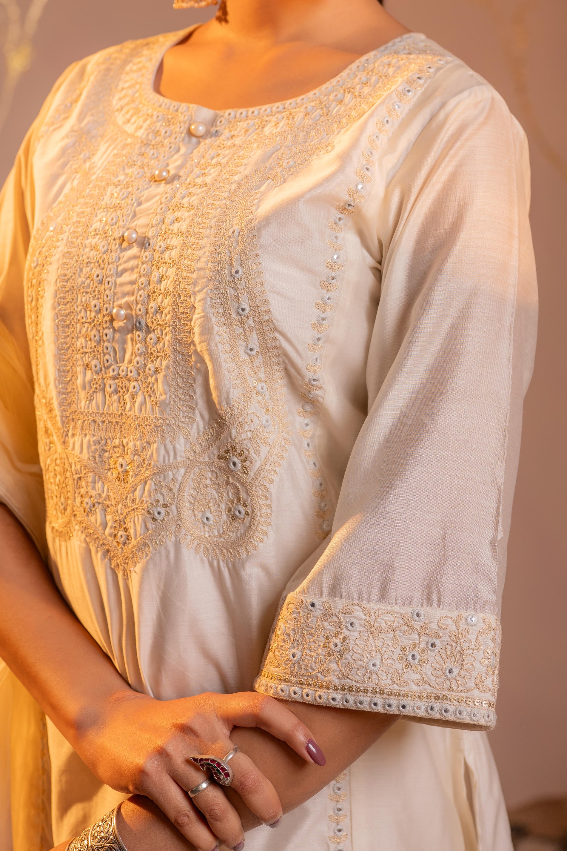 Off-White Embroidered Kurta Set with Dupatta