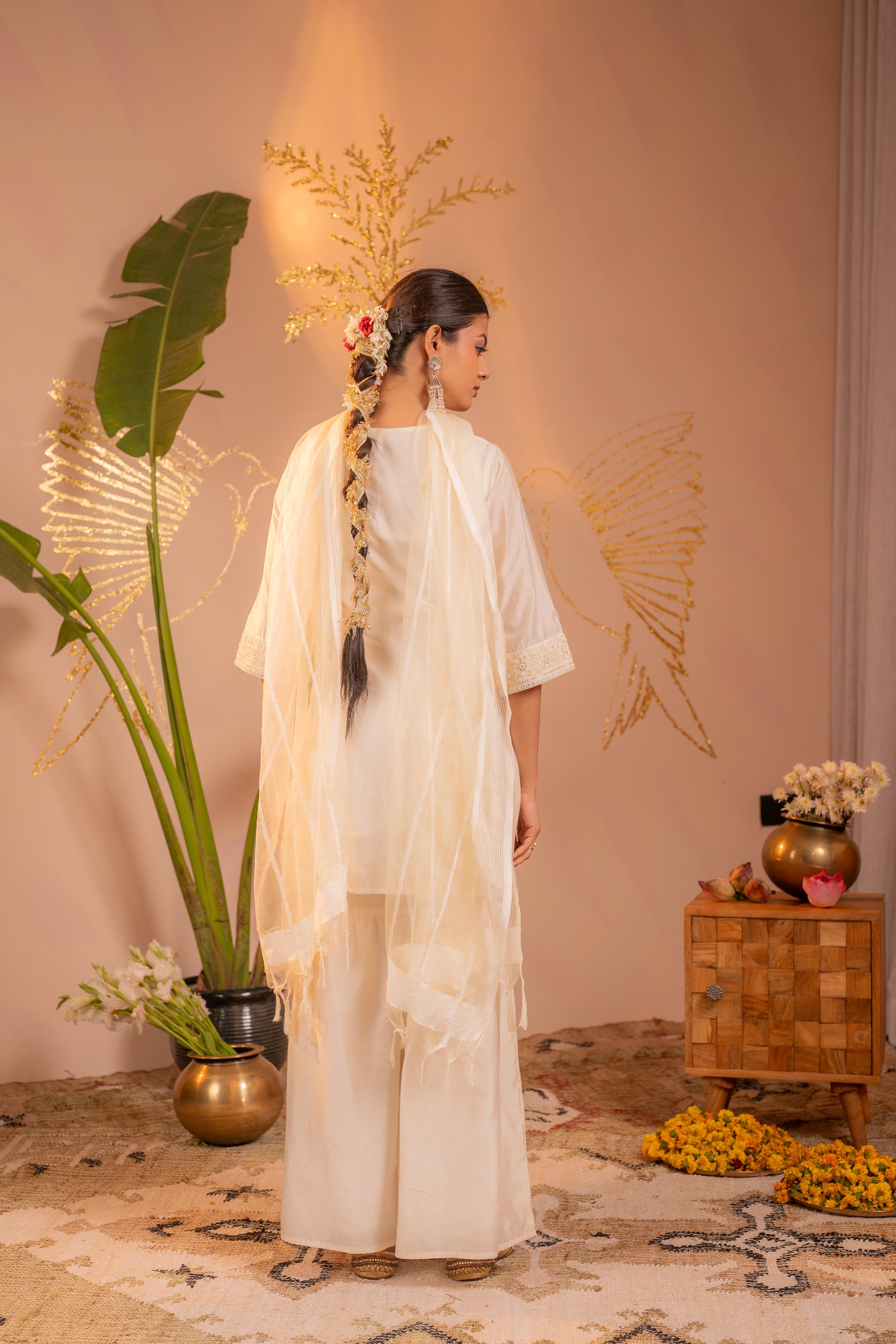 Off-White Embroidered Kurta Set with Dupatta