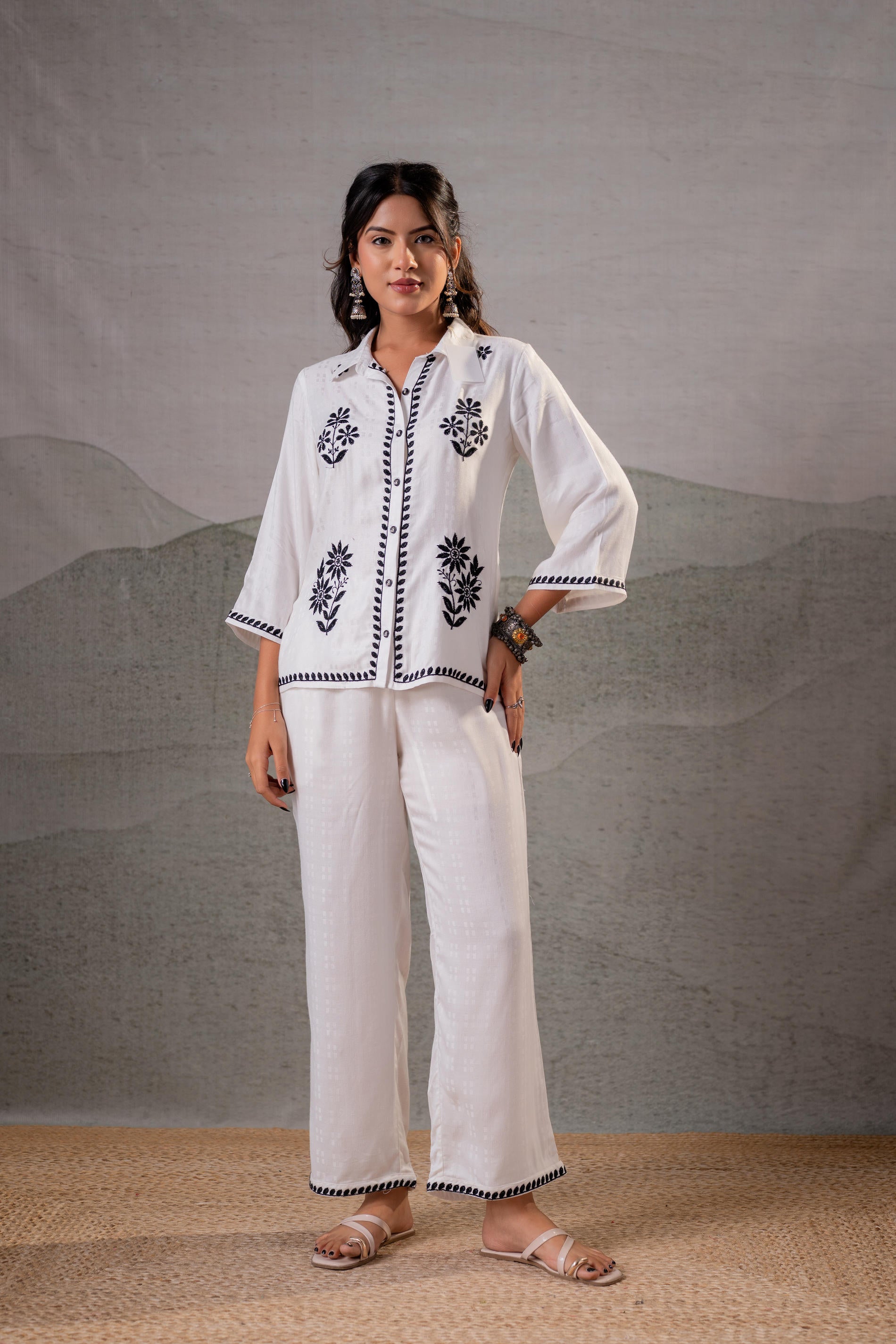 Noir Flora White & Black Embroidered Co-Ord Set