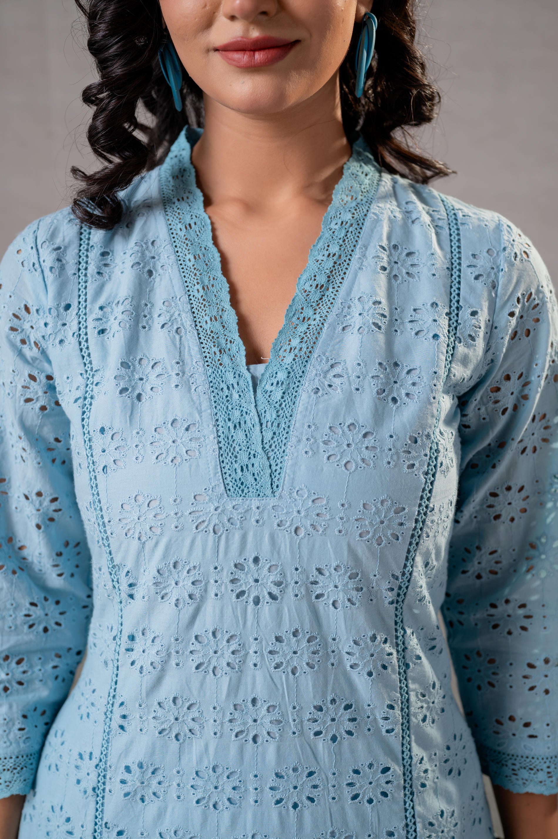 Sky Blue Schiffli Kurta And Pant Set