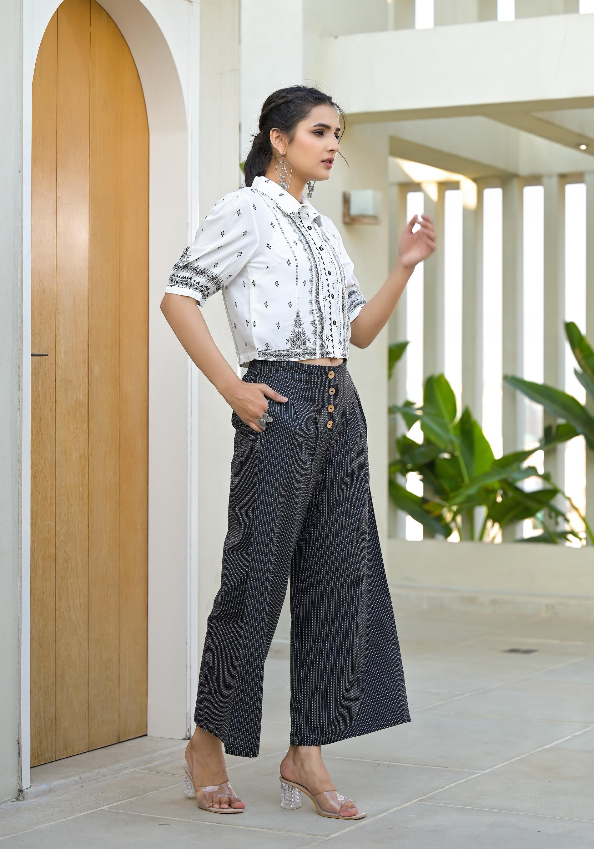 White Printed Crop Shirt with Charcoal Pinstriped Culottes Set