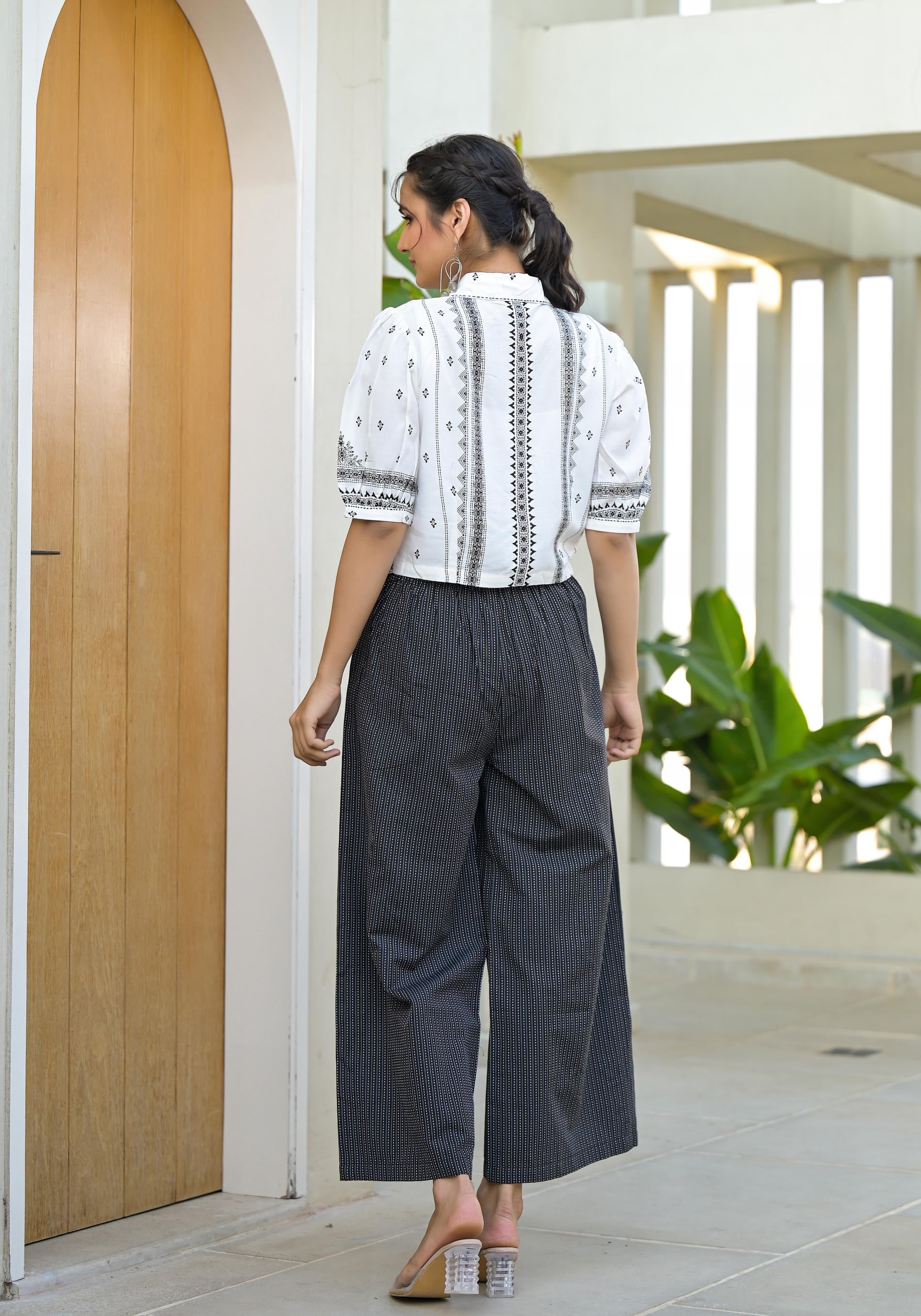 White Printed Crop Shirt with Charcoal Pinstriped Culottes Set
