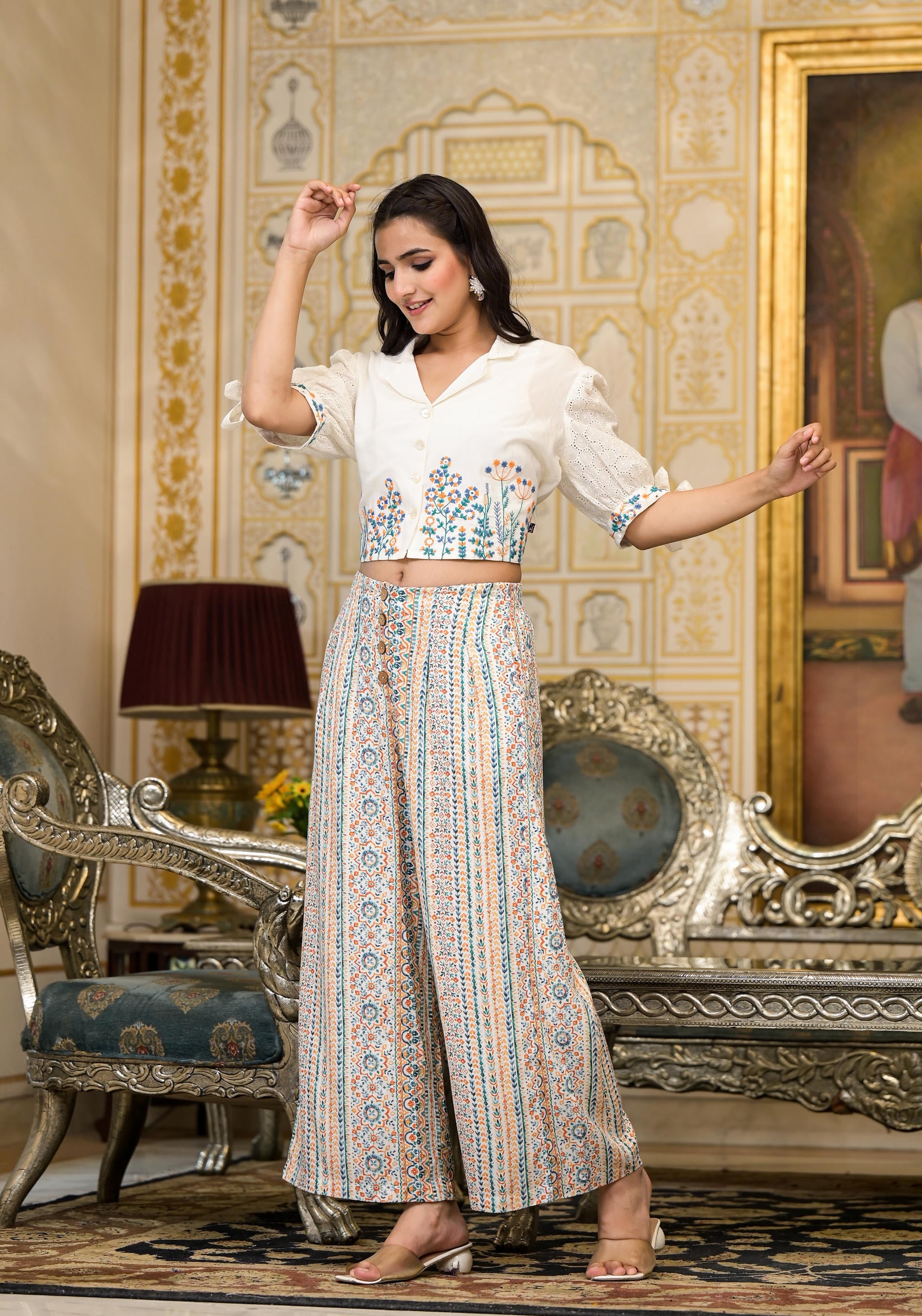 White Floral Embroidered Crop Shirt with Pastel Printed Palazzo Set