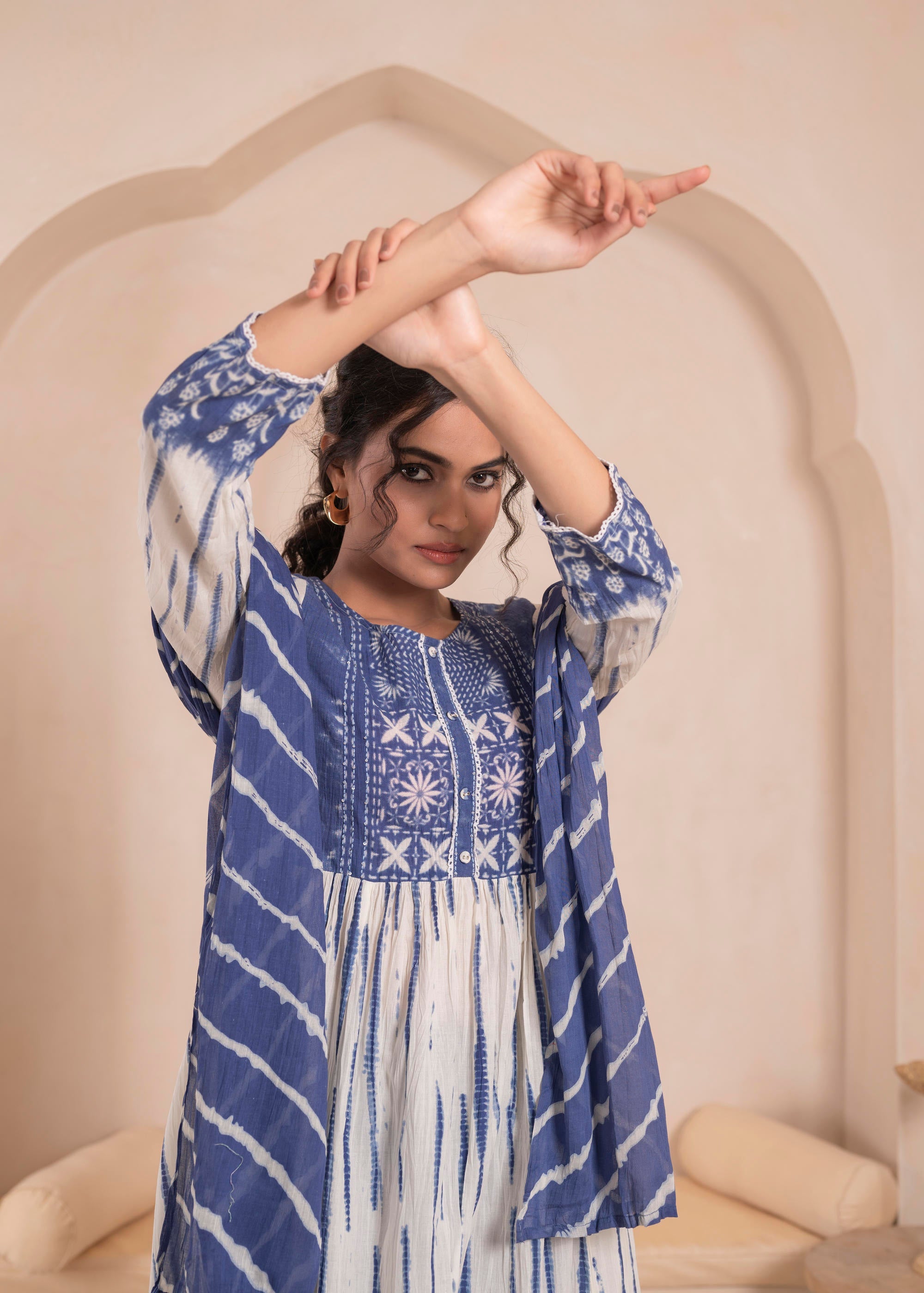 Navy blue and white kurta , solid bottom and tie -dye dupatta with cotton lace , buttons , sequince