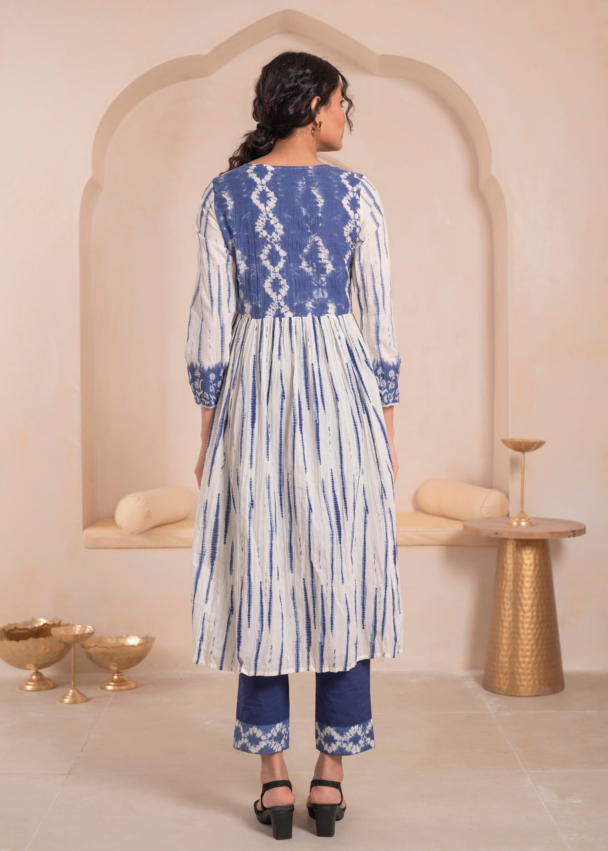 Navy blue and white kurta , solid bottom and tie -dye dupatta with cotton lace , buttons , sequince