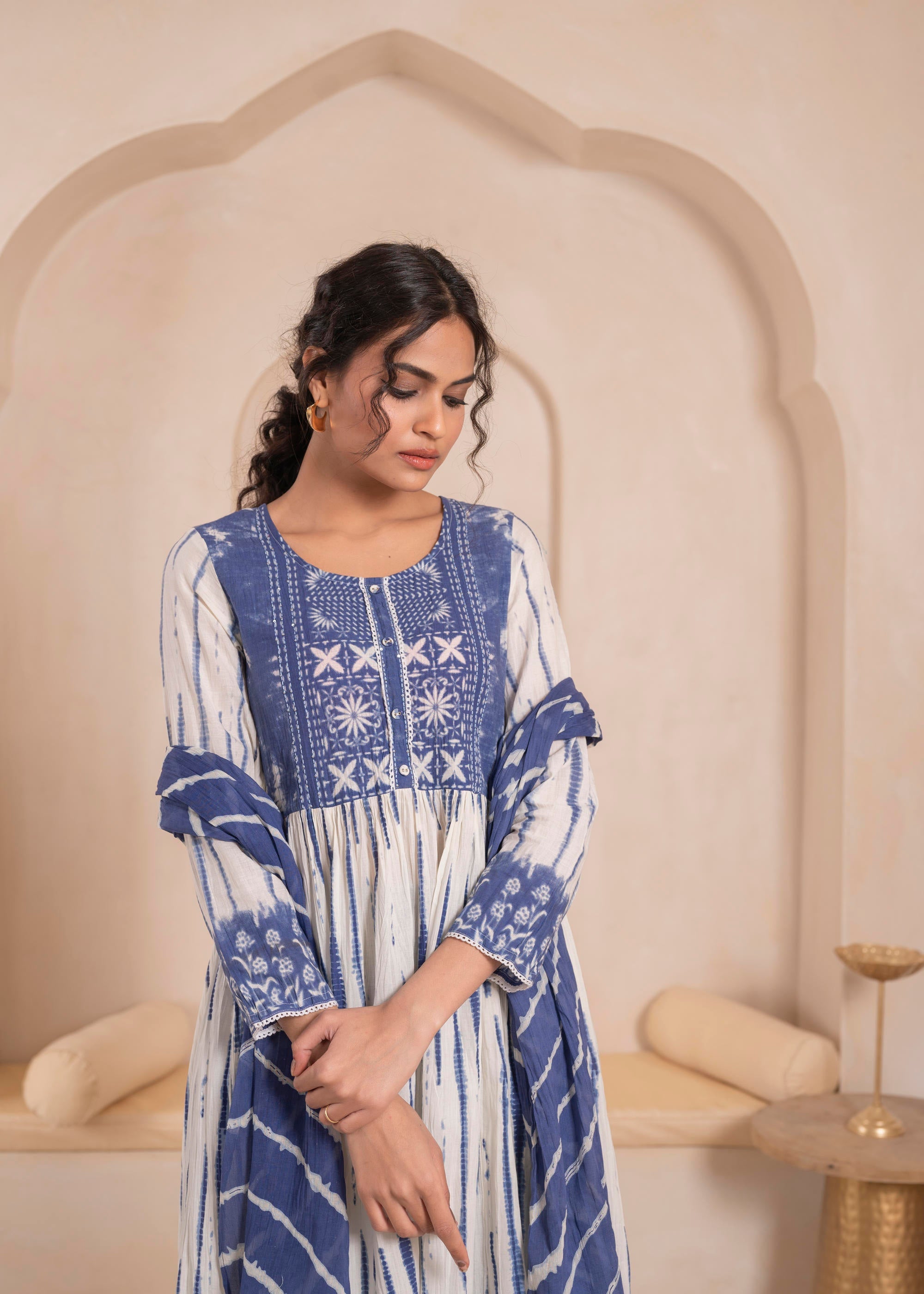 Navy blue and white kurta , solid bottom and tie -dye dupatta with cotton lace , buttons , sequince
