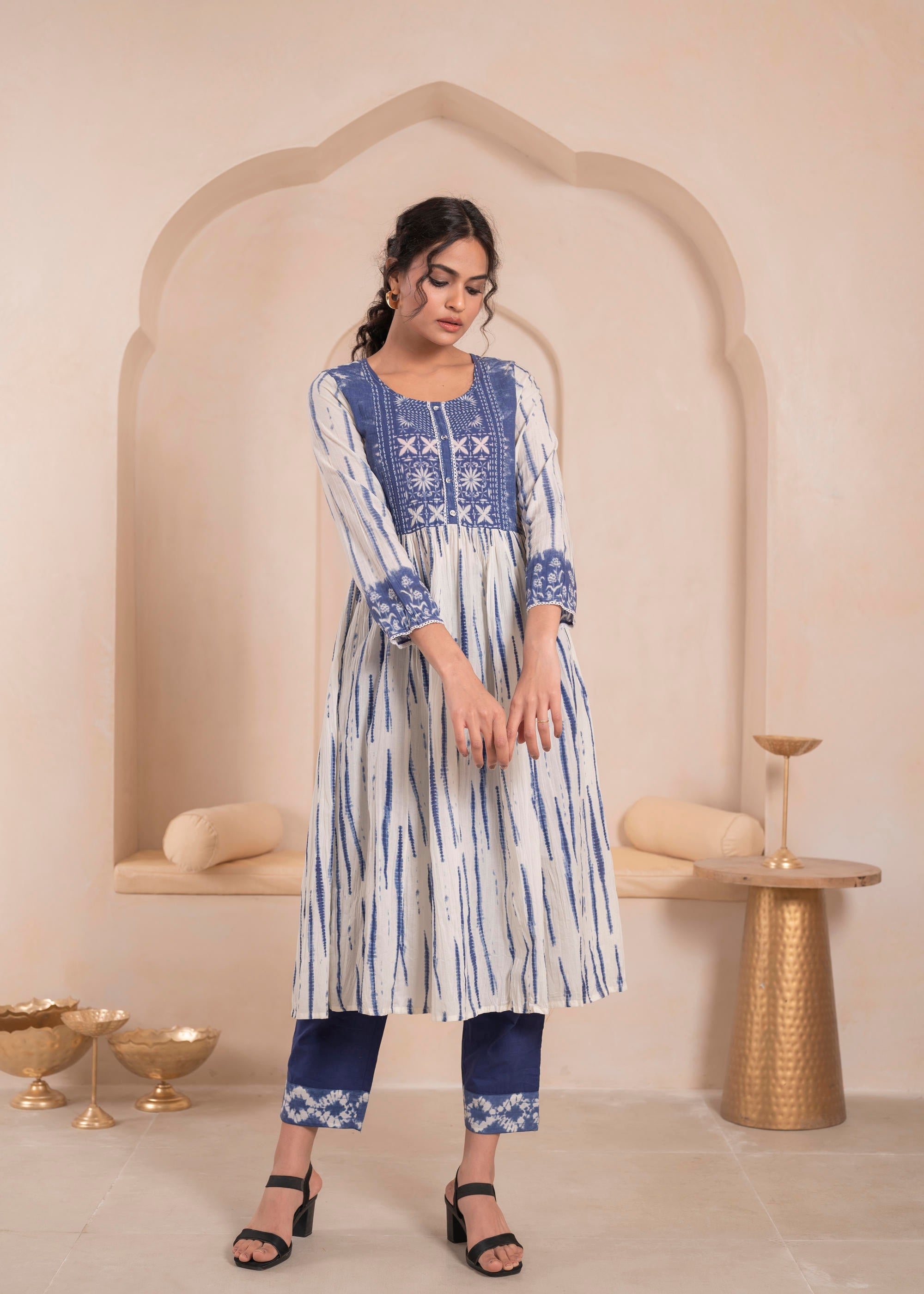 Navy blue and white kurta , solid bottom and tie -dye dupatta with cotton lace , buttons , sequince