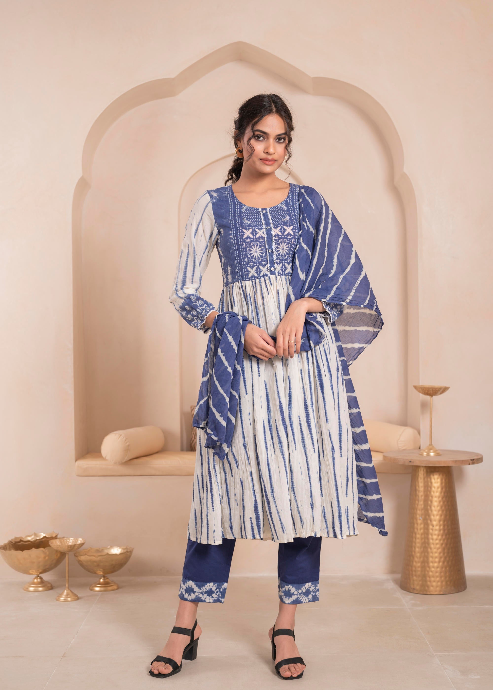 Navy blue and white kurta , solid bottom and tie -dye dupatta with cotton lace , buttons , sequince