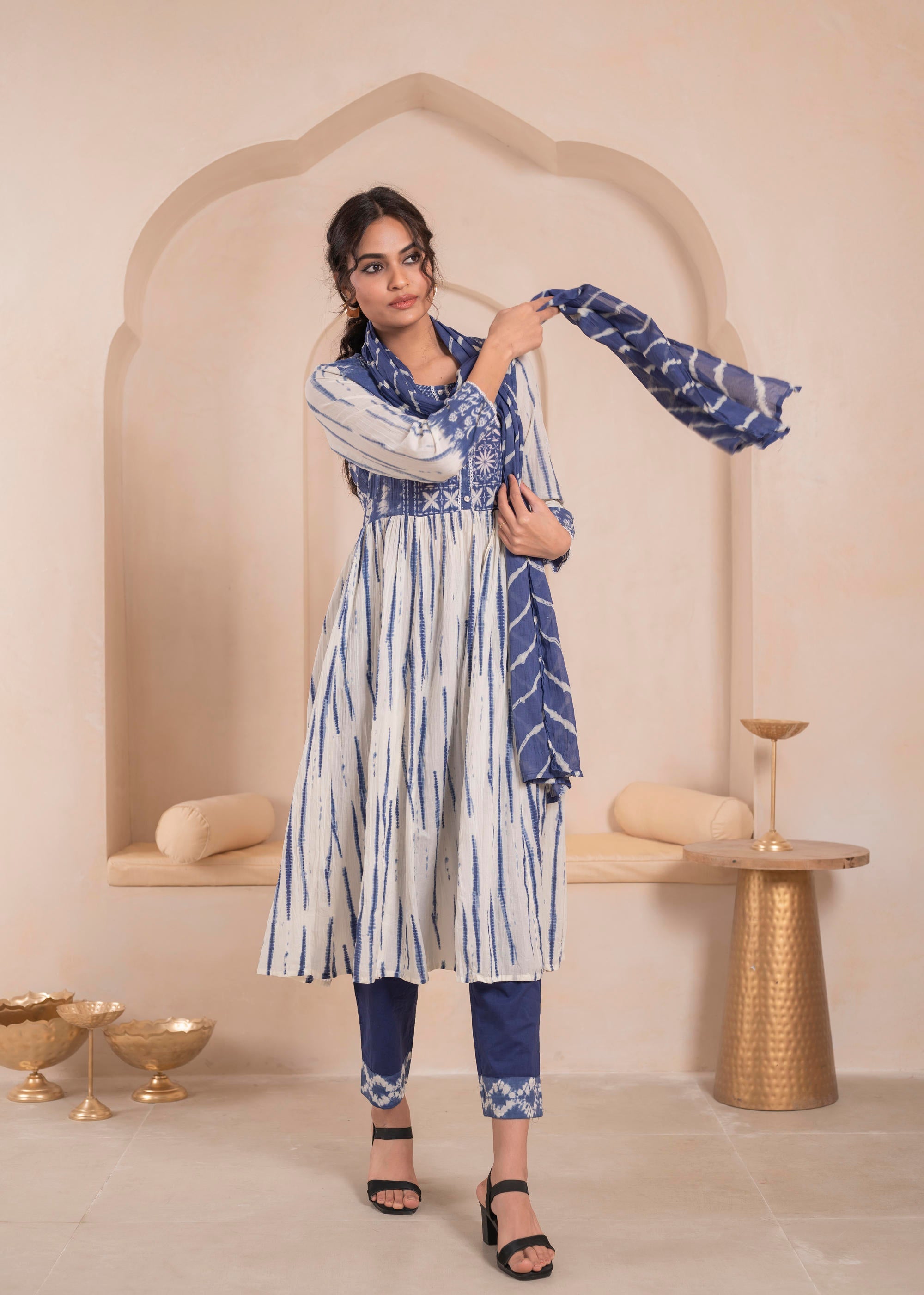 Navy blue and white kurta , solid bottom and tie -dye dupatta with cotton lace , buttons , sequince