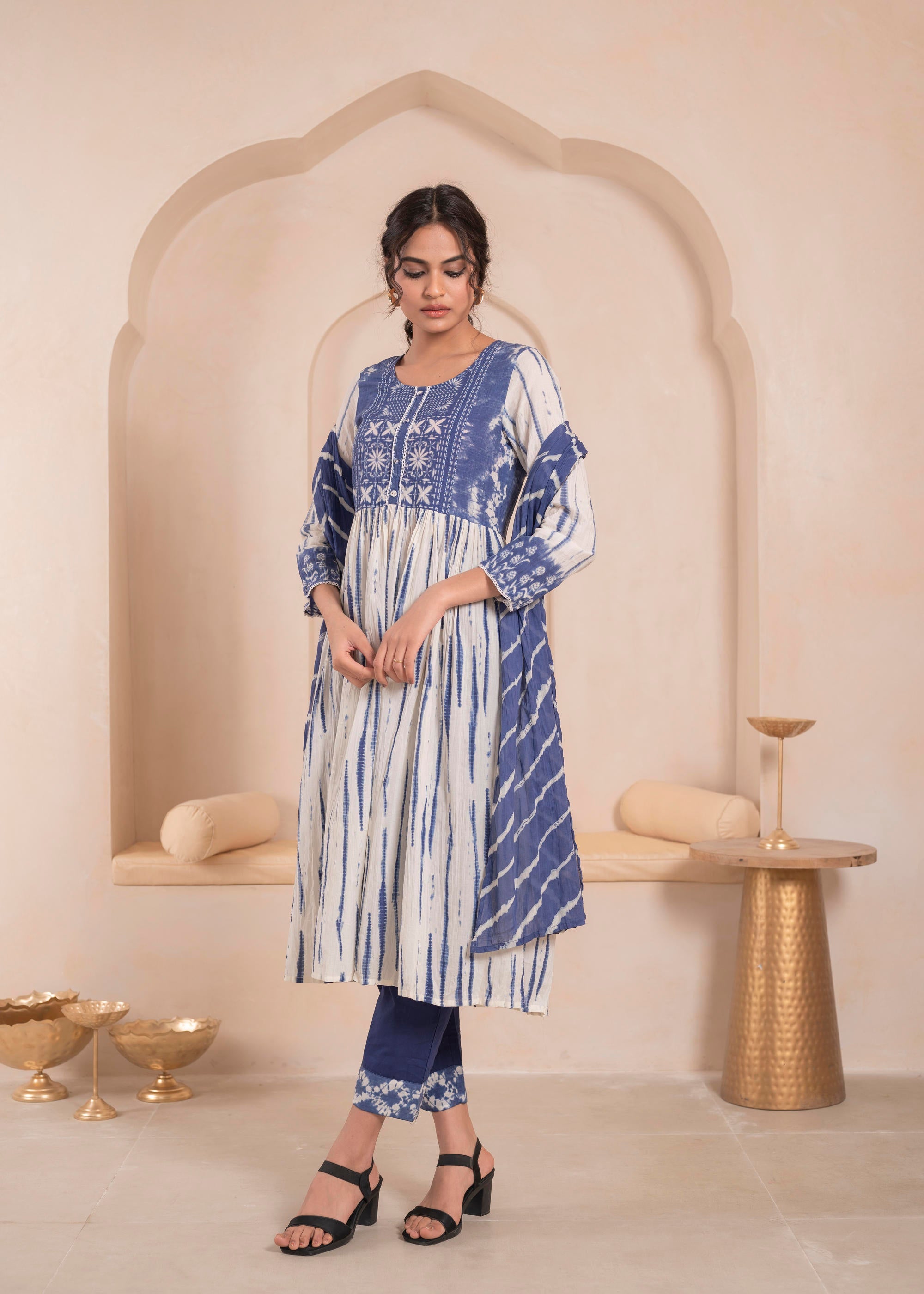 Navy blue and white kurta , solid bottom and tie -dye dupatta with cotton lace , buttons , sequince