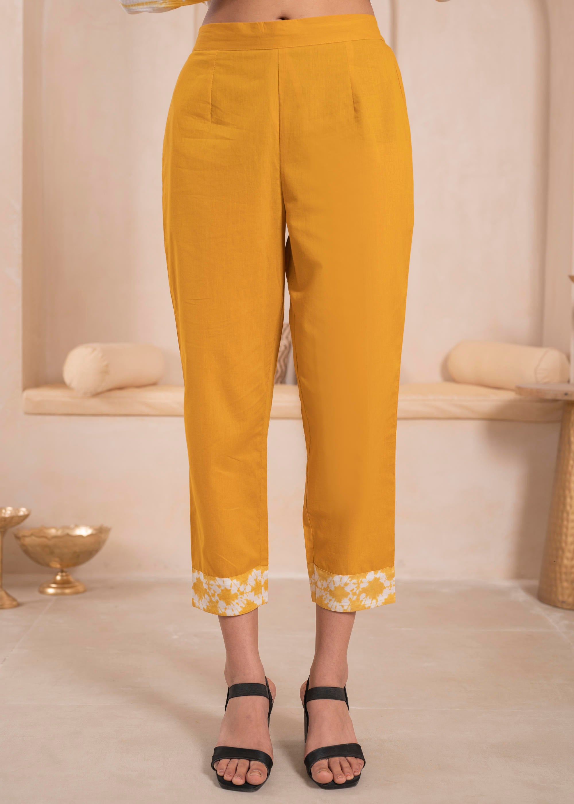 Mustarad and white kurta , solid bottom and tie - dye dupatta with cotton lace , buttons , sequince