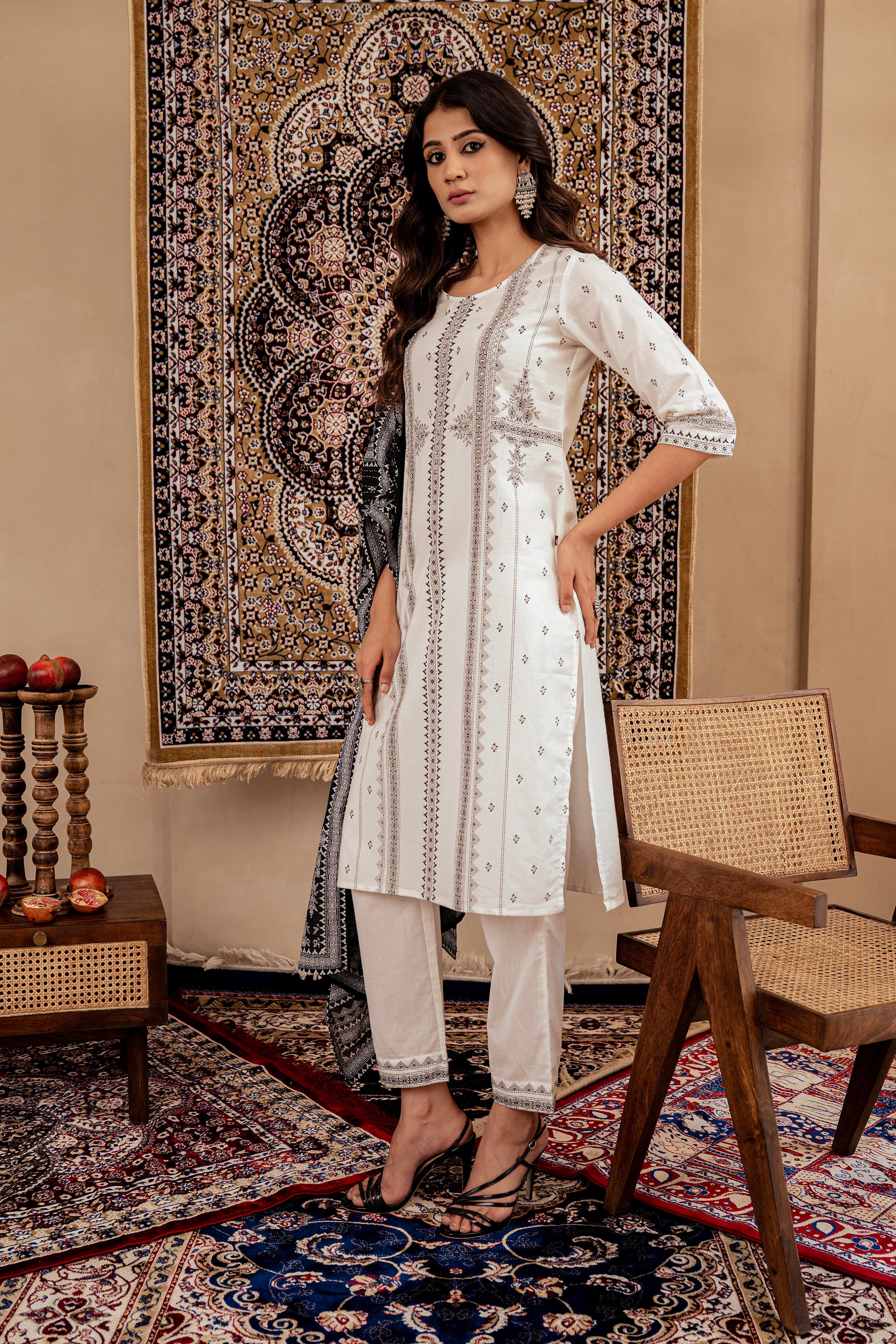 Black & White Geometric Printed Cotton Kurta with Palazzo & Printed Dupatta