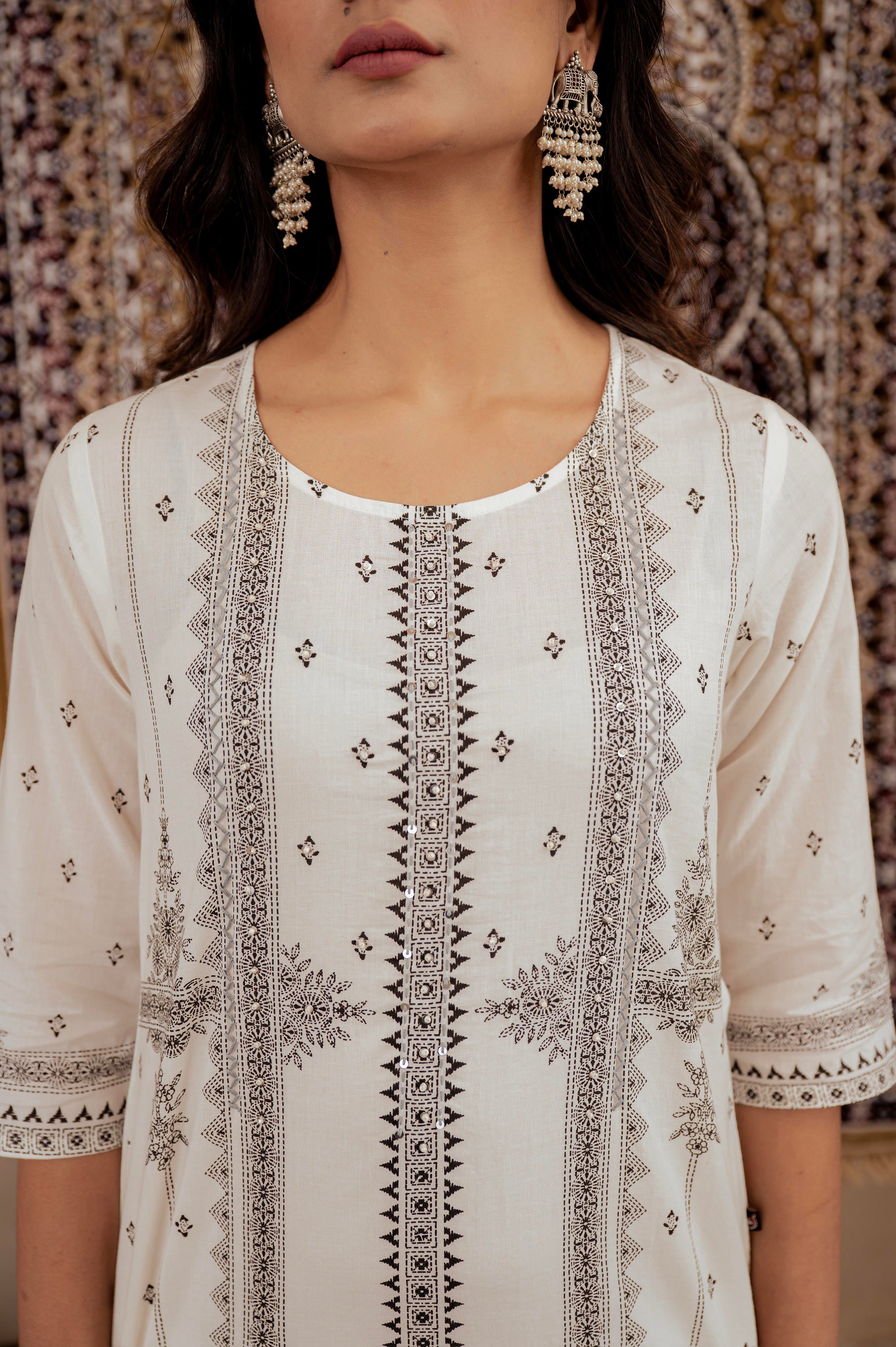 Black & White Geometric Printed Cotton Kurta with Palazzo & Printed Dupatta