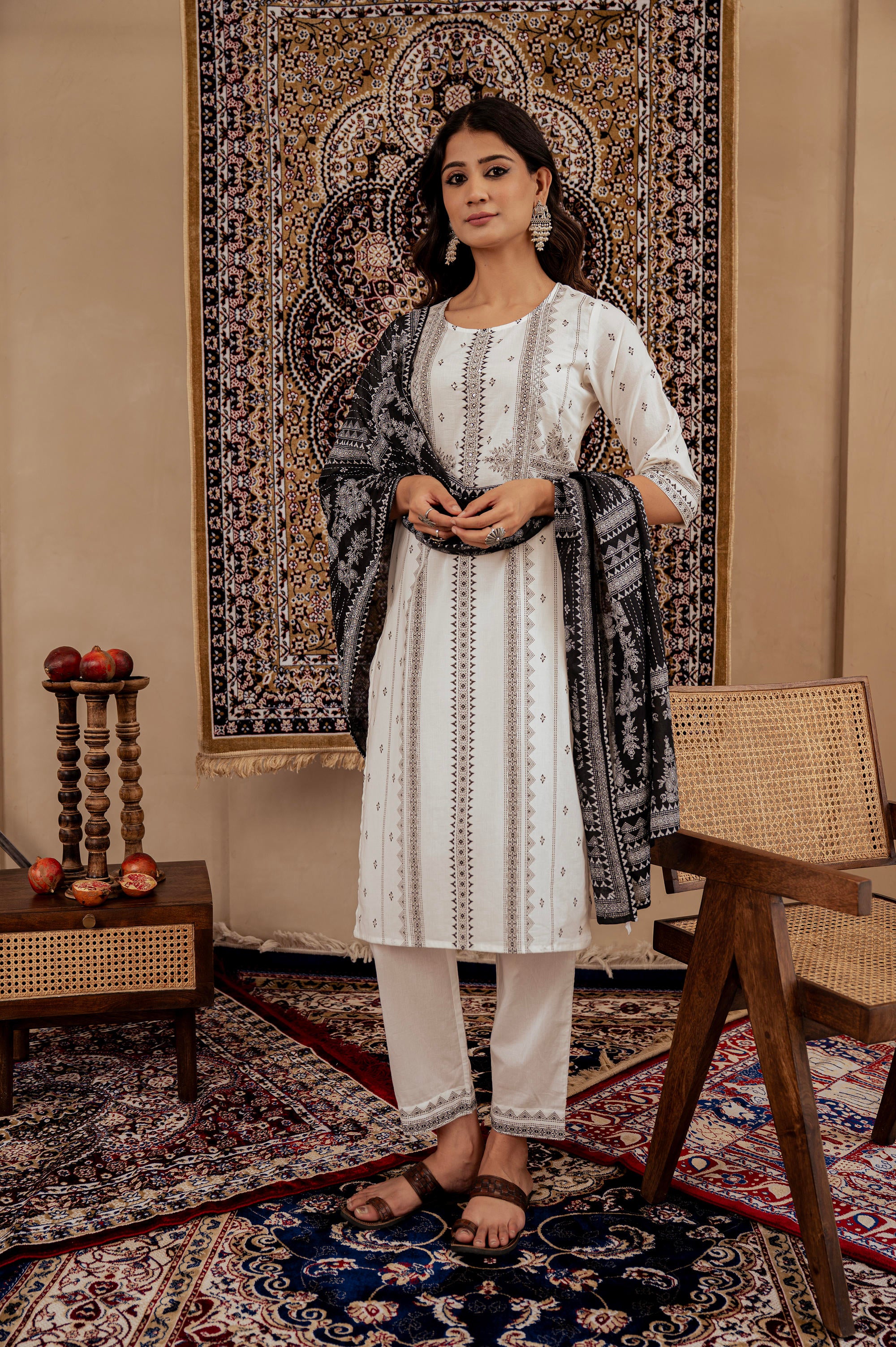 Black & White Geometric Printed Cotton Kurta with Palazzo & Printed Dupatta