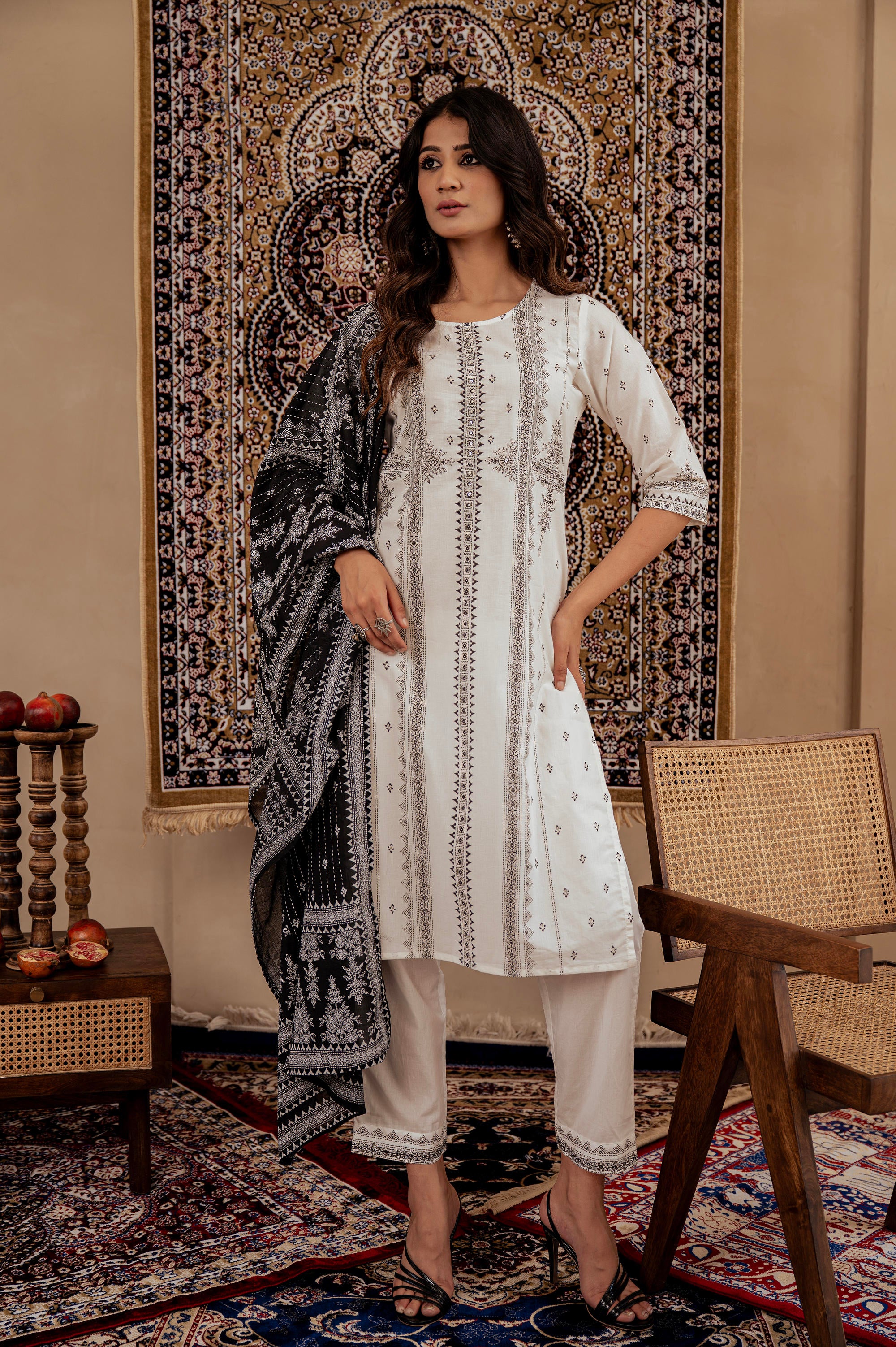 Black & White Geometric Printed Cotton Kurta with Palazzo & Printed Dupatta