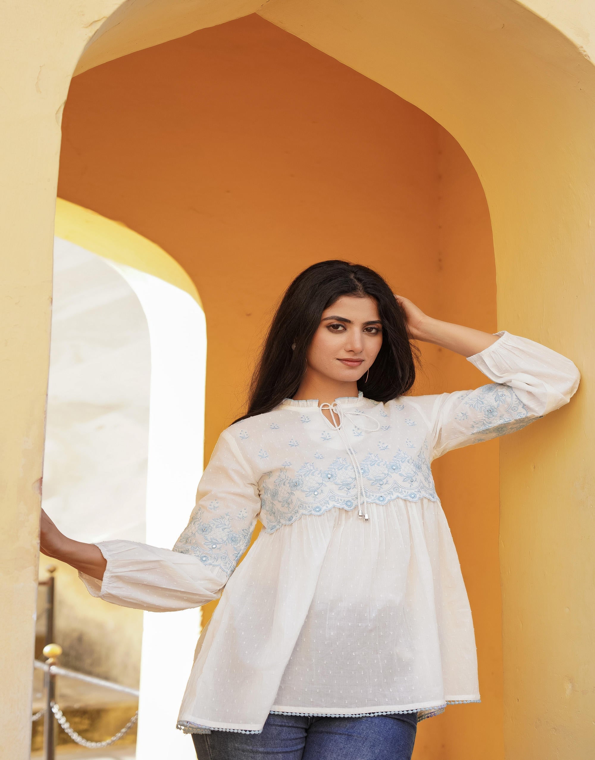 White Solid Cotton Tunic With Thread & Mirror Work