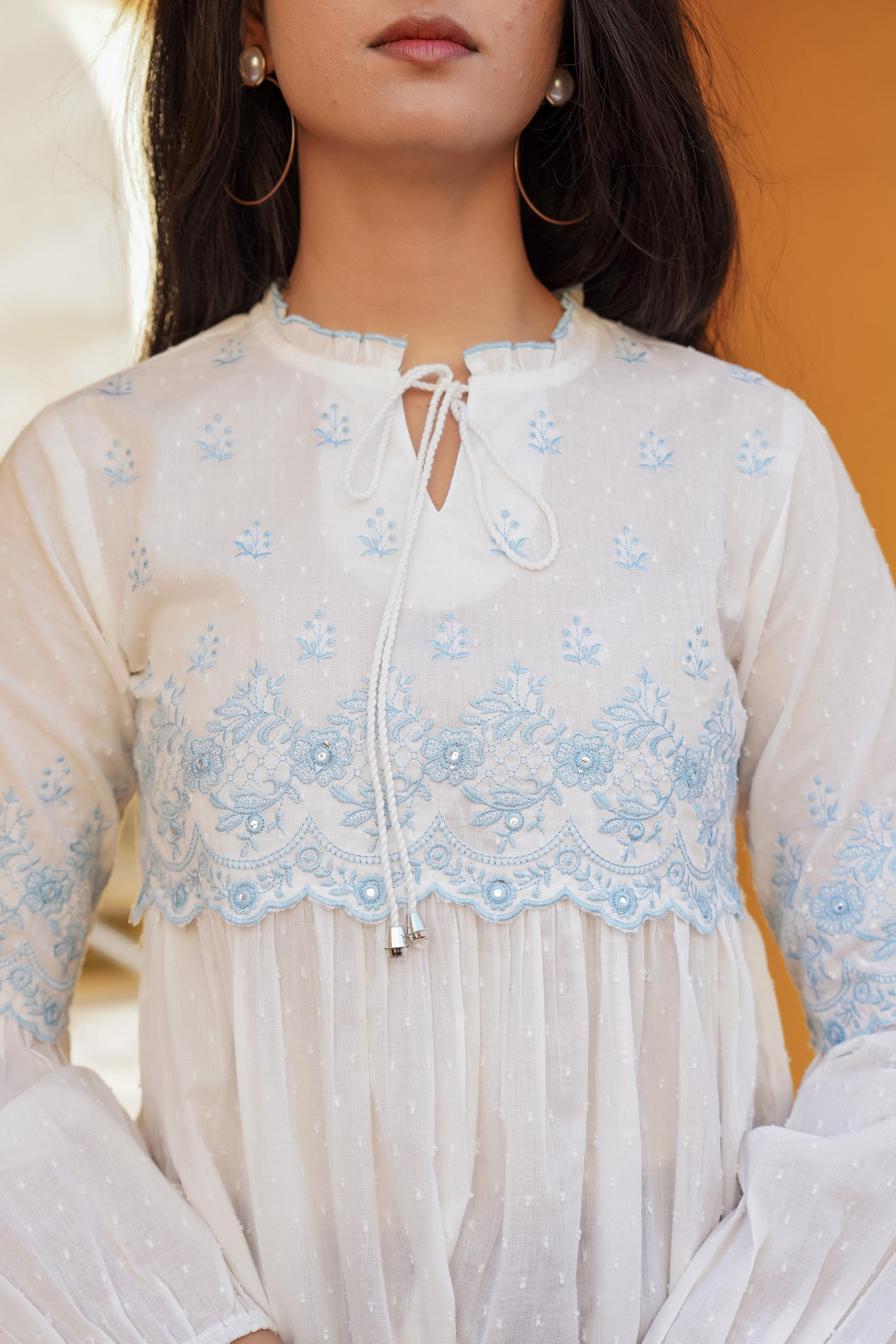 White Solid Cotton Tunic With Thread & Mirror Work