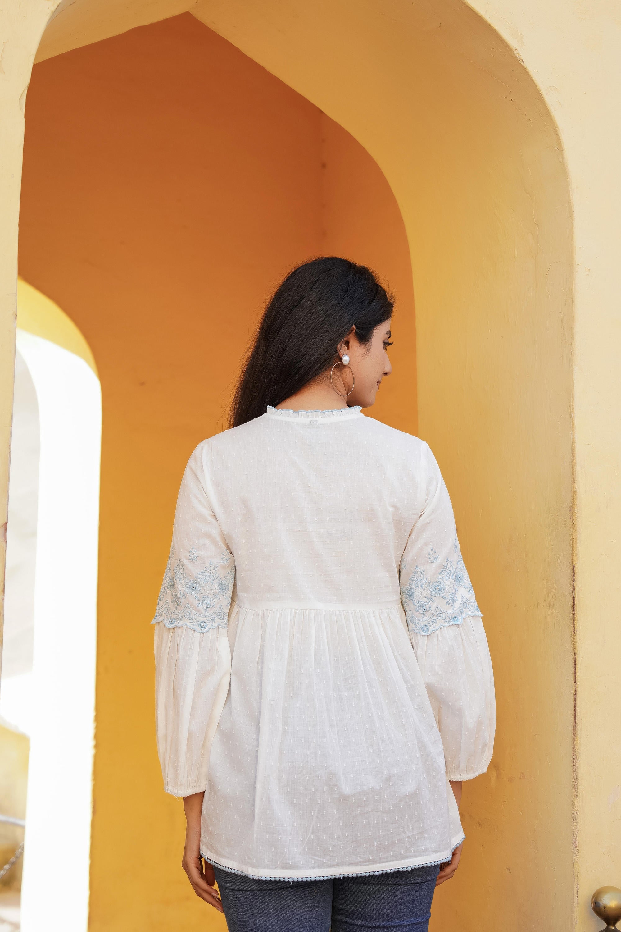 White Solid Cotton Tunic With Thread & Mirror Work
