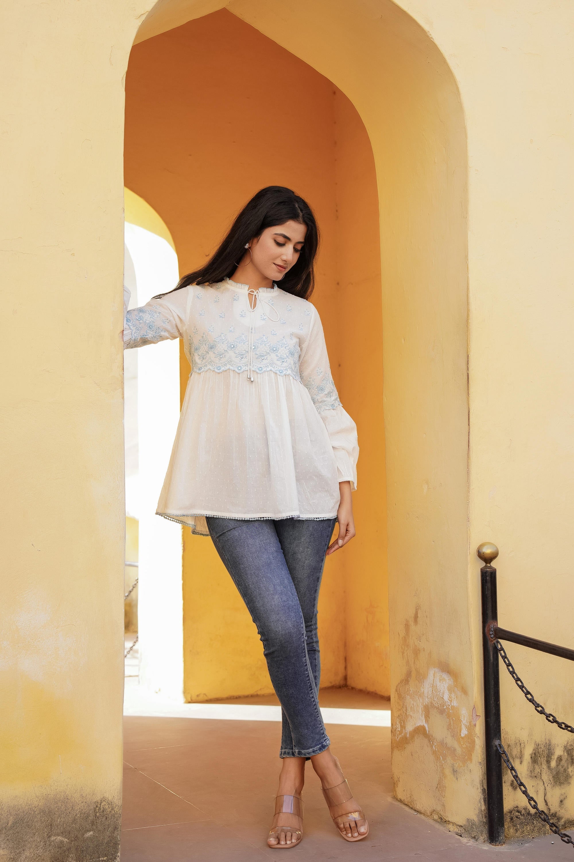 White Solid Cotton Tunic With Thread & Mirror Work