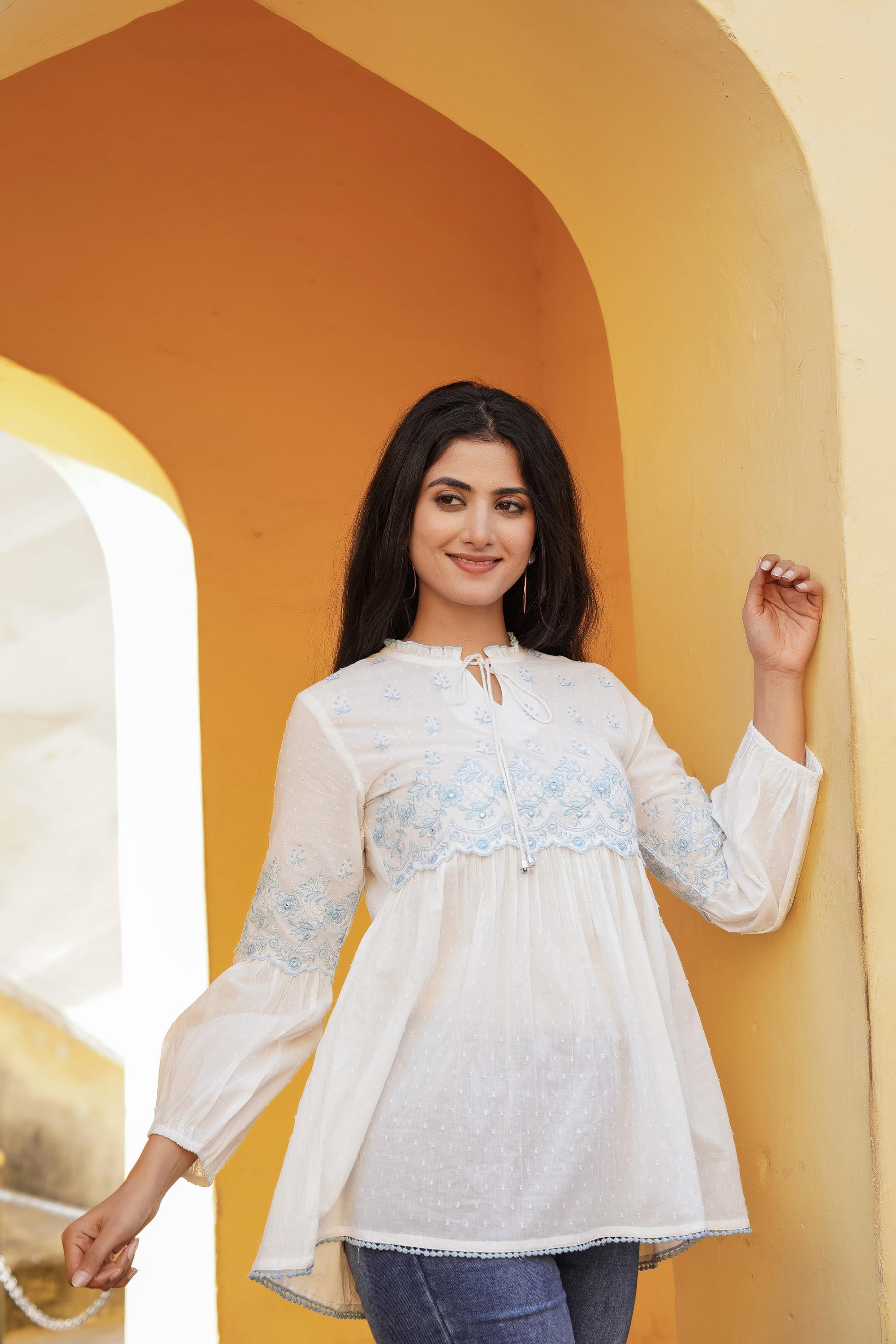 White Solid Cotton Tunic With Thread & Mirror Work