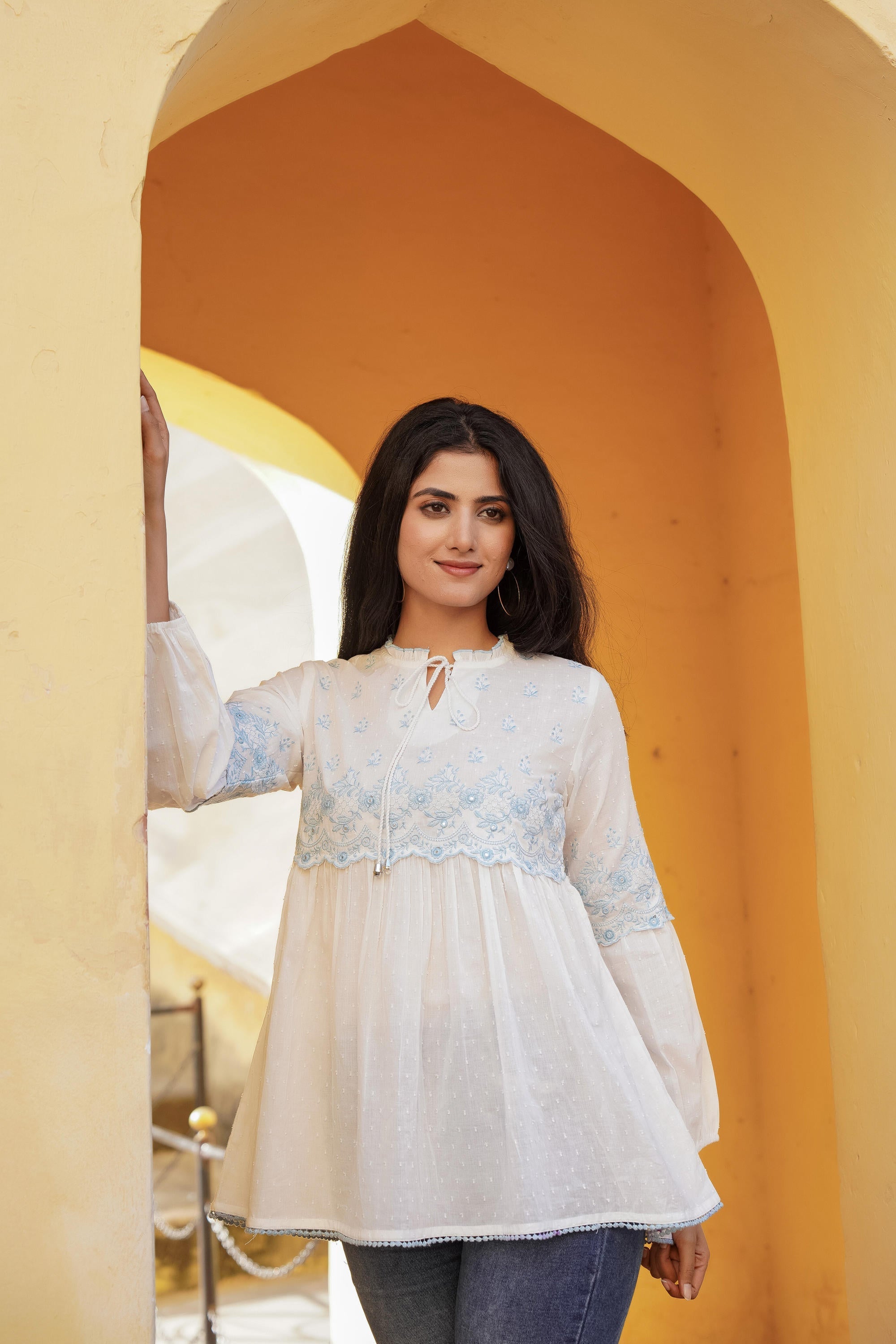 White Solid Cotton Tunic With Thread & Mirror Work