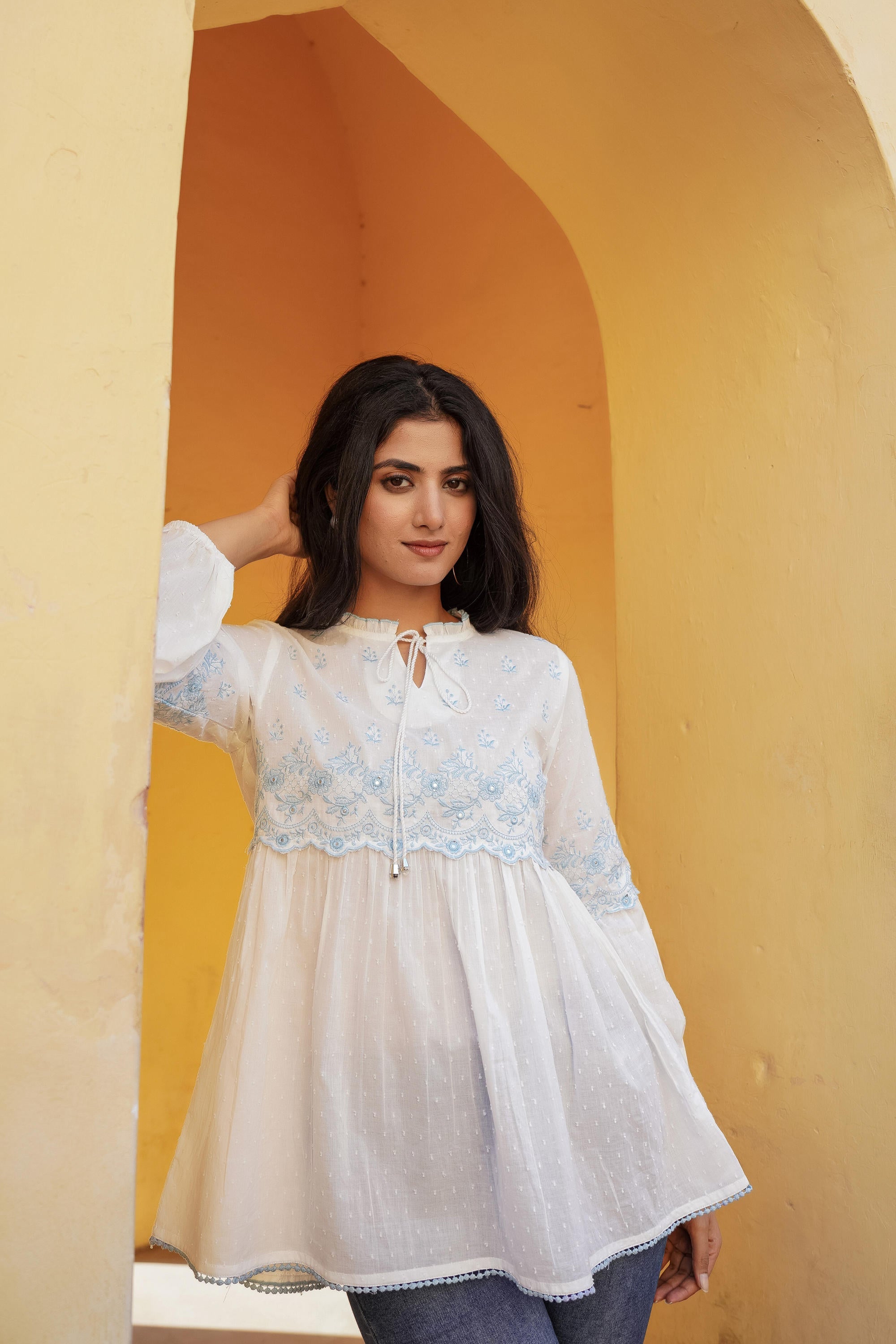 White Solid Cotton Tunic With Thread & Mirror Work