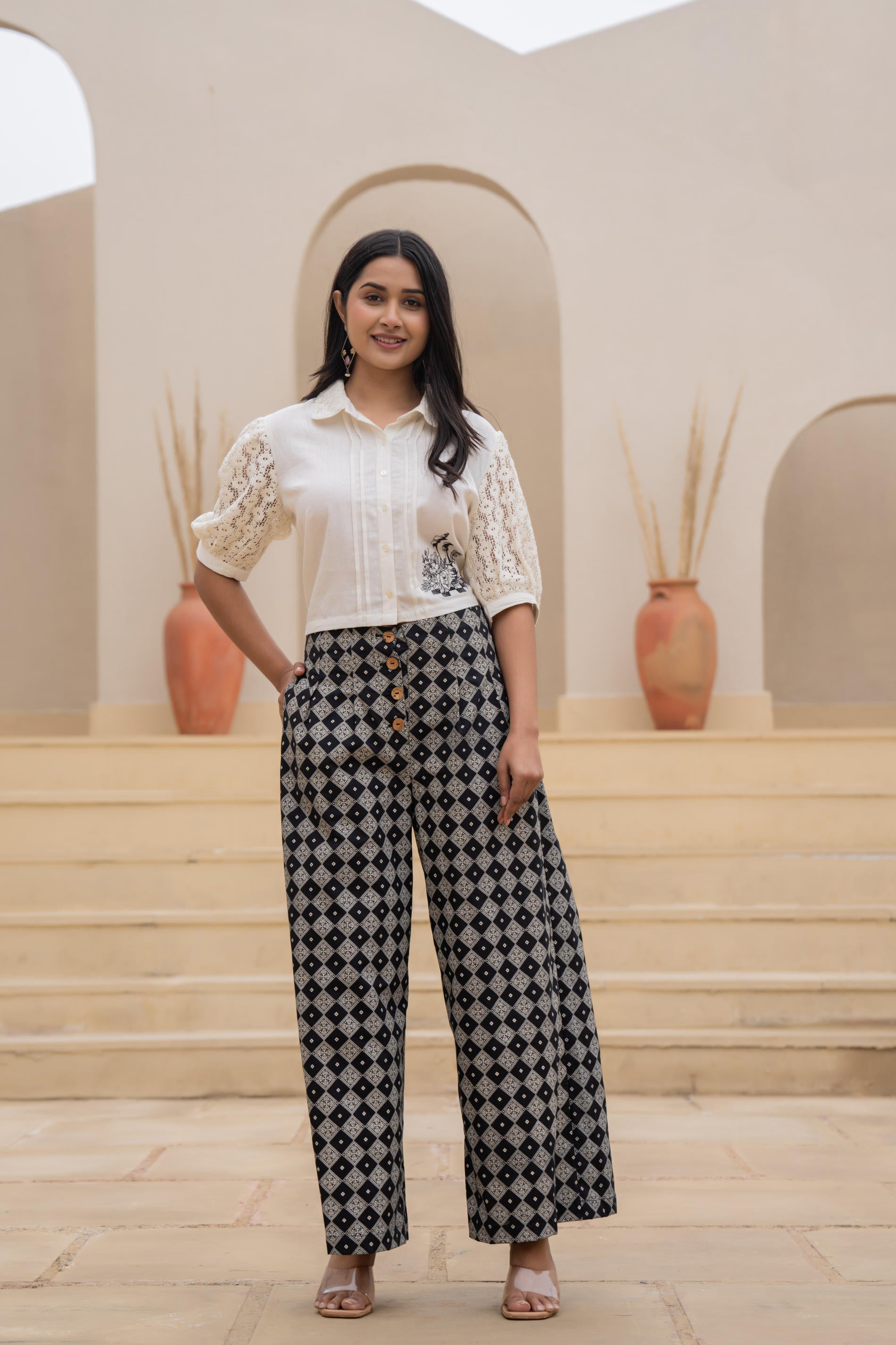 White Lace-Sleeve Shirt Top with Printed Wide-Leg Pants Co-Ord Set