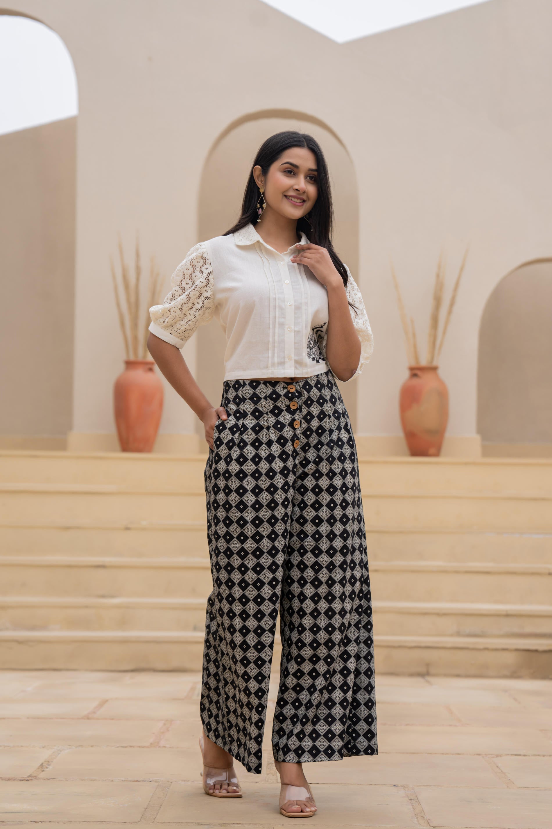 White Lace-Sleeve Shirt Top with Printed Wide-Leg Pants Co-Ord Set