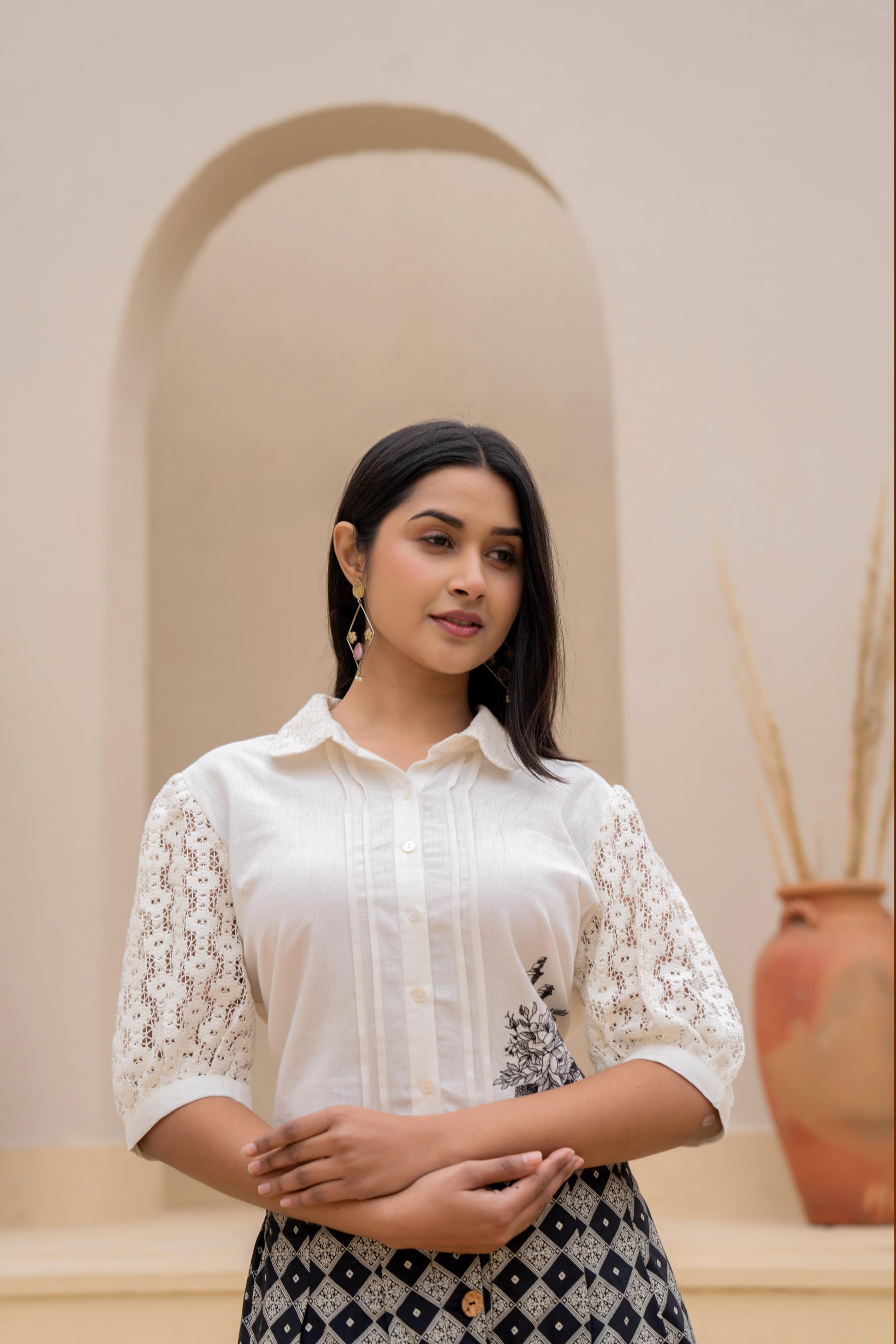 White Lace-Sleeve Shirt Top with Printed Wide-Leg Pants Co-Ord Set