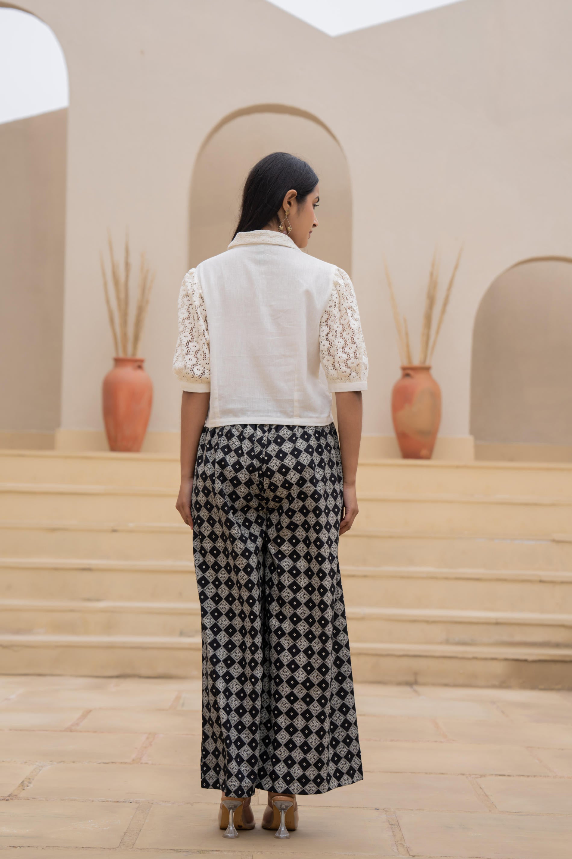 White Lace-Sleeve Shirt Top with Printed Wide-Leg Pants Co-Ord Set