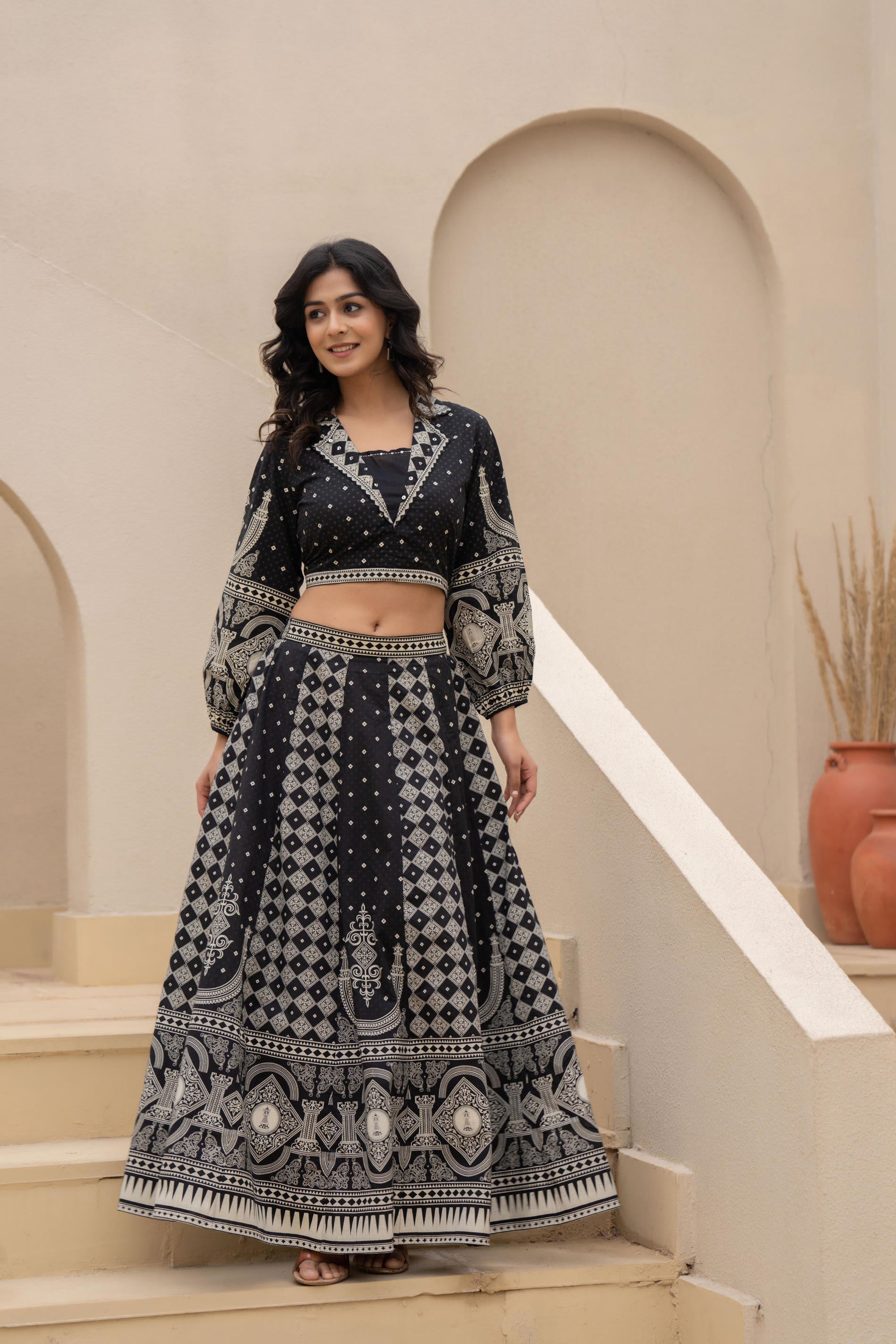 Black & White Printed Lehenga Choli Set with Ethnic Motifs