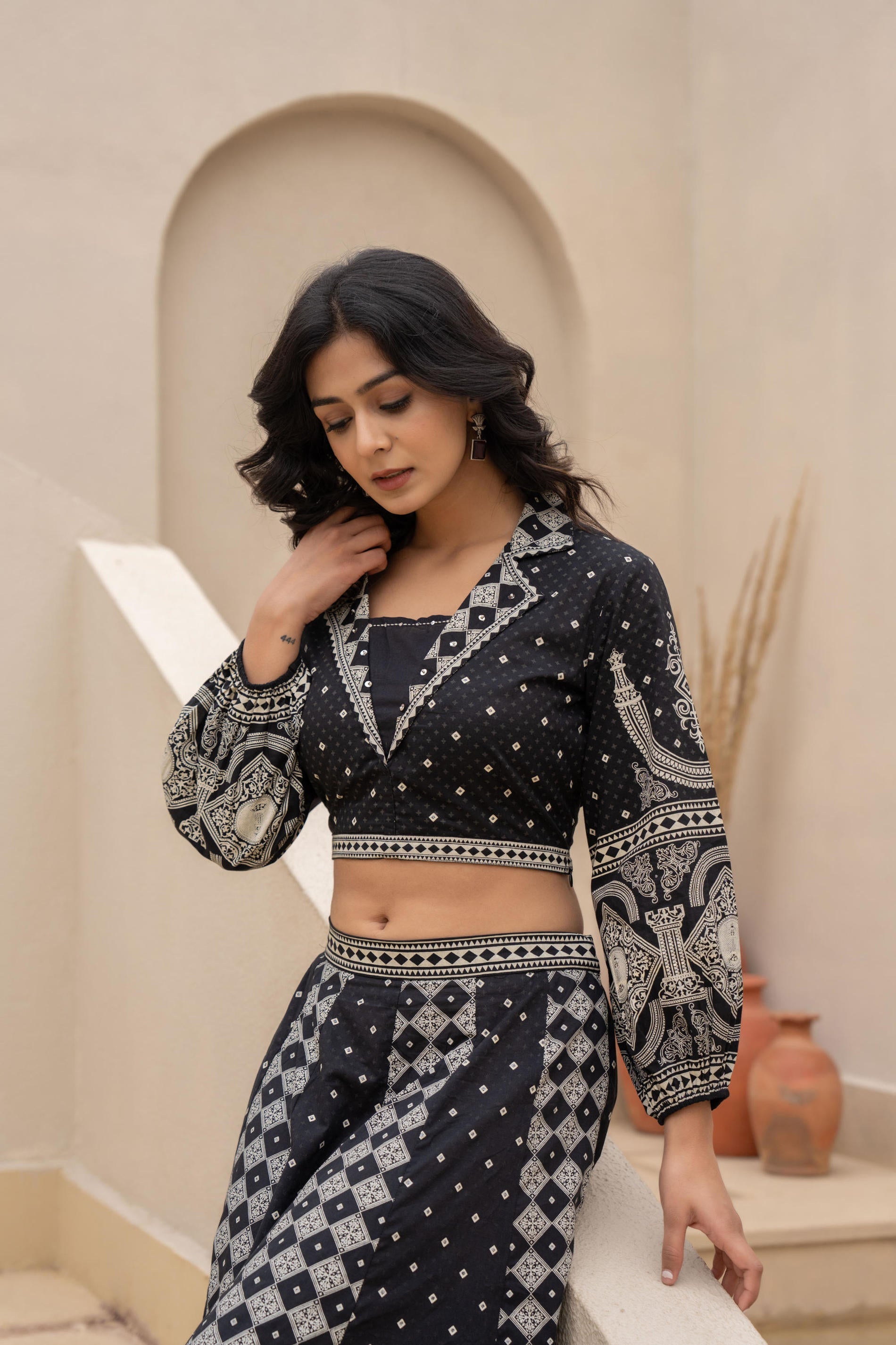 Black & White Printed Lehenga Choli Set with Ethnic Motifs