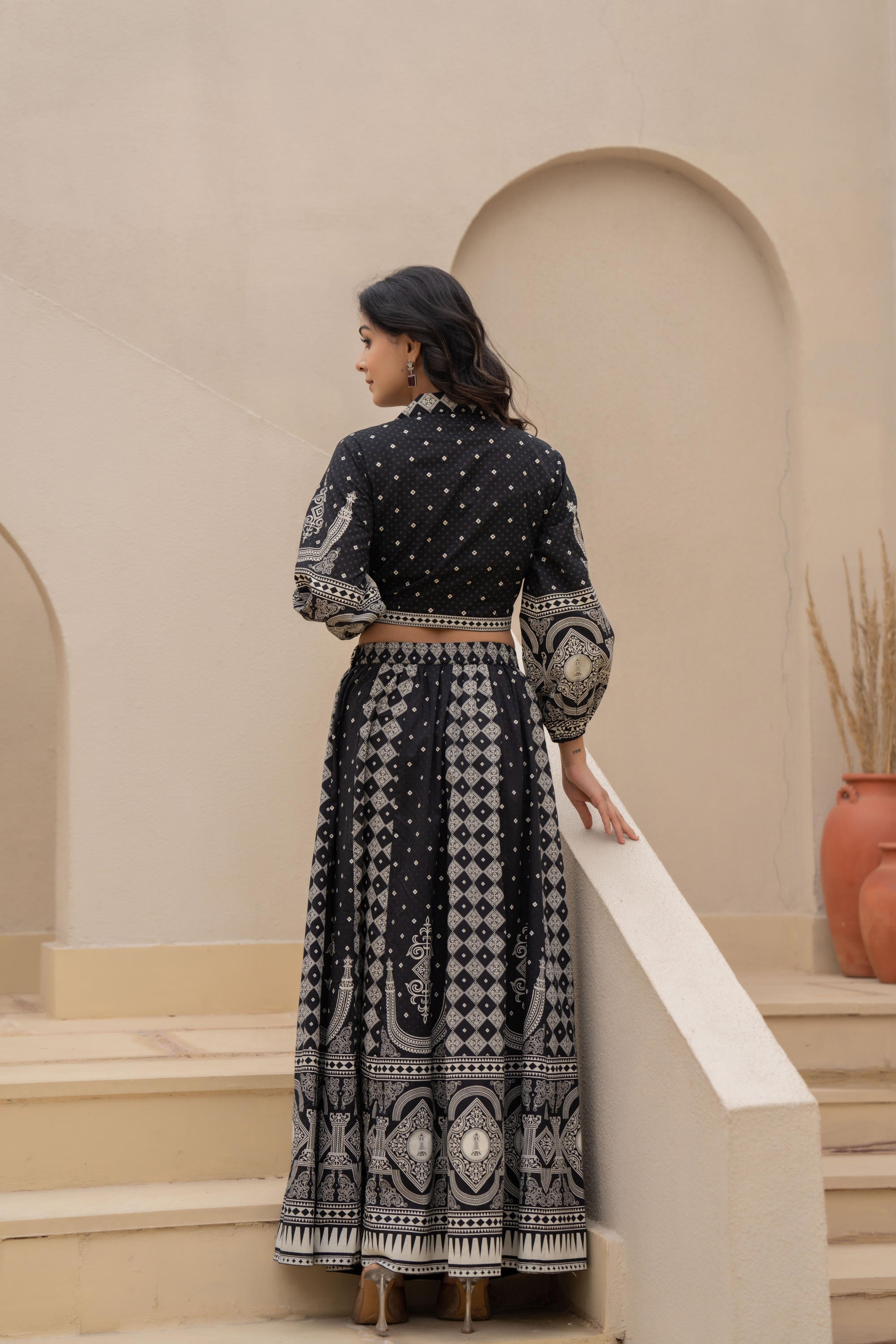 Black & White Printed Lehenga Choli Set with Ethnic Motifs