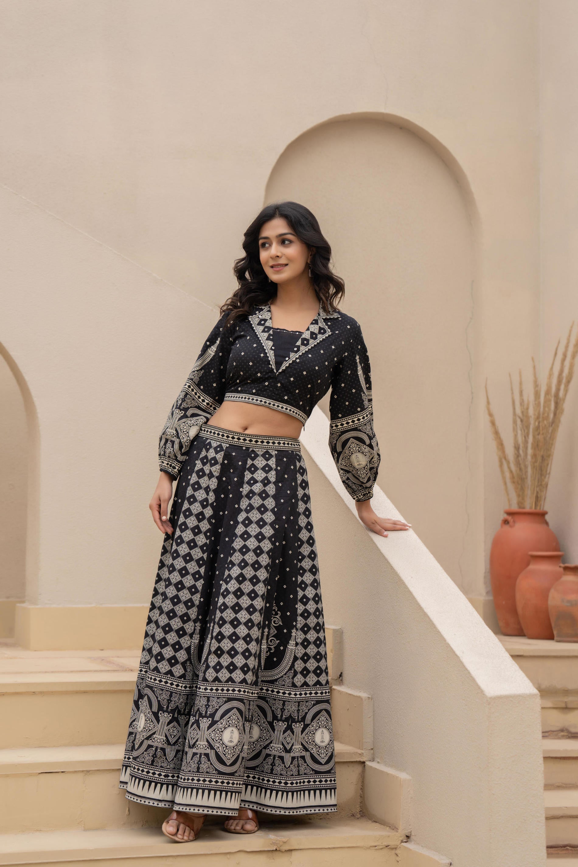 Black & White Printed Lehenga Choli Set with Ethnic Motifs