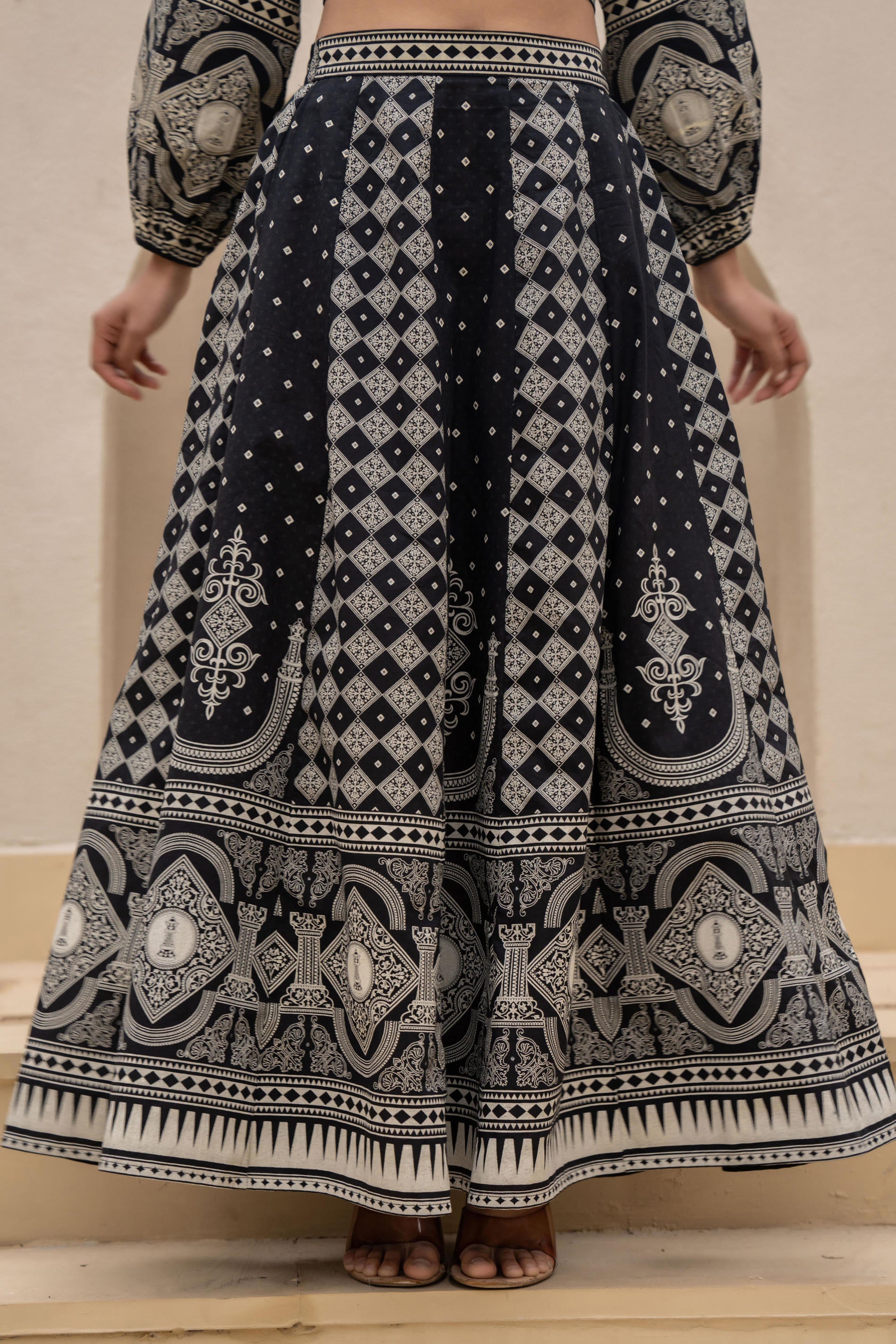 Black & White Printed Lehenga Choli Set with Ethnic Motifs