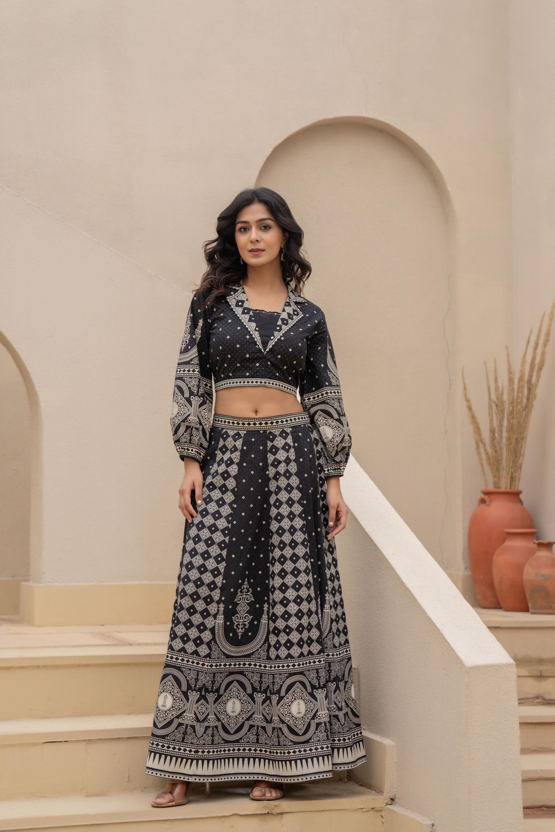 Black & White Printed Lehenga Choli Set with Ethnic Motifs