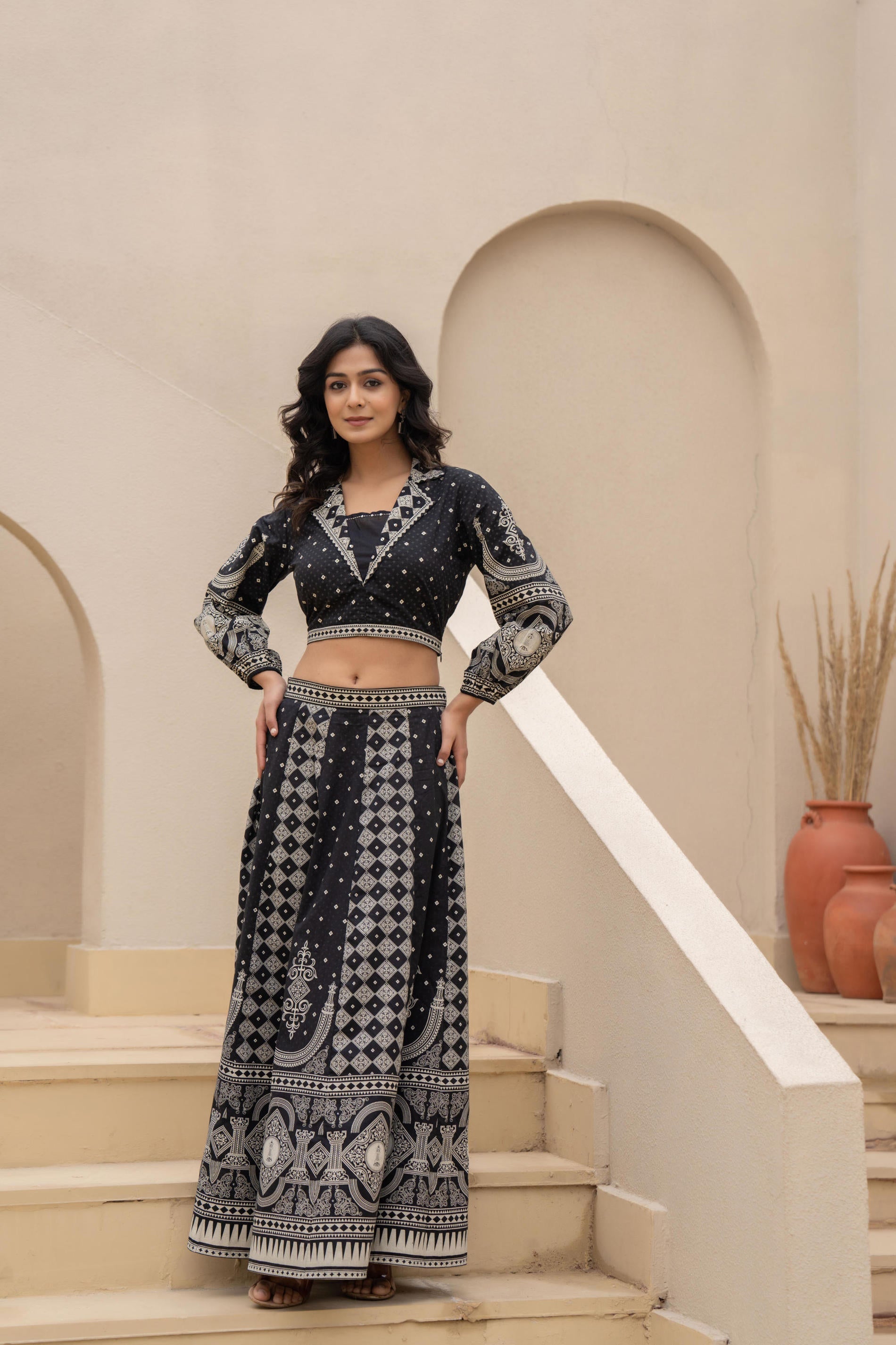 Black & White Printed Lehenga Choli Set with Ethnic Motifs